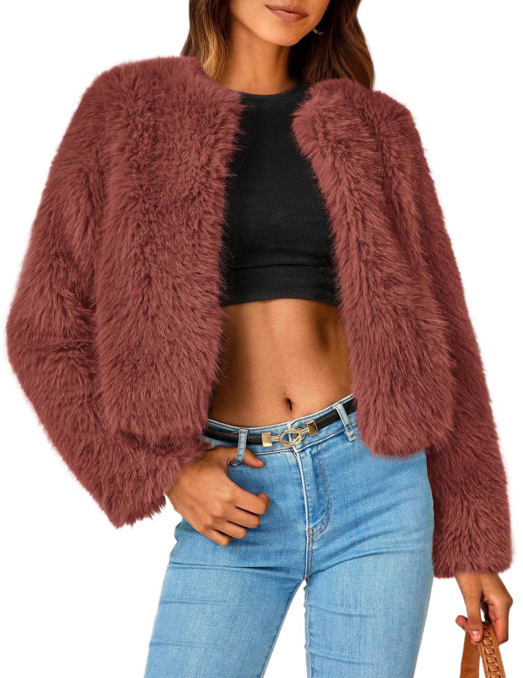 Women's Winter Cropped Faux Fur Coats(Rust Red,Small)