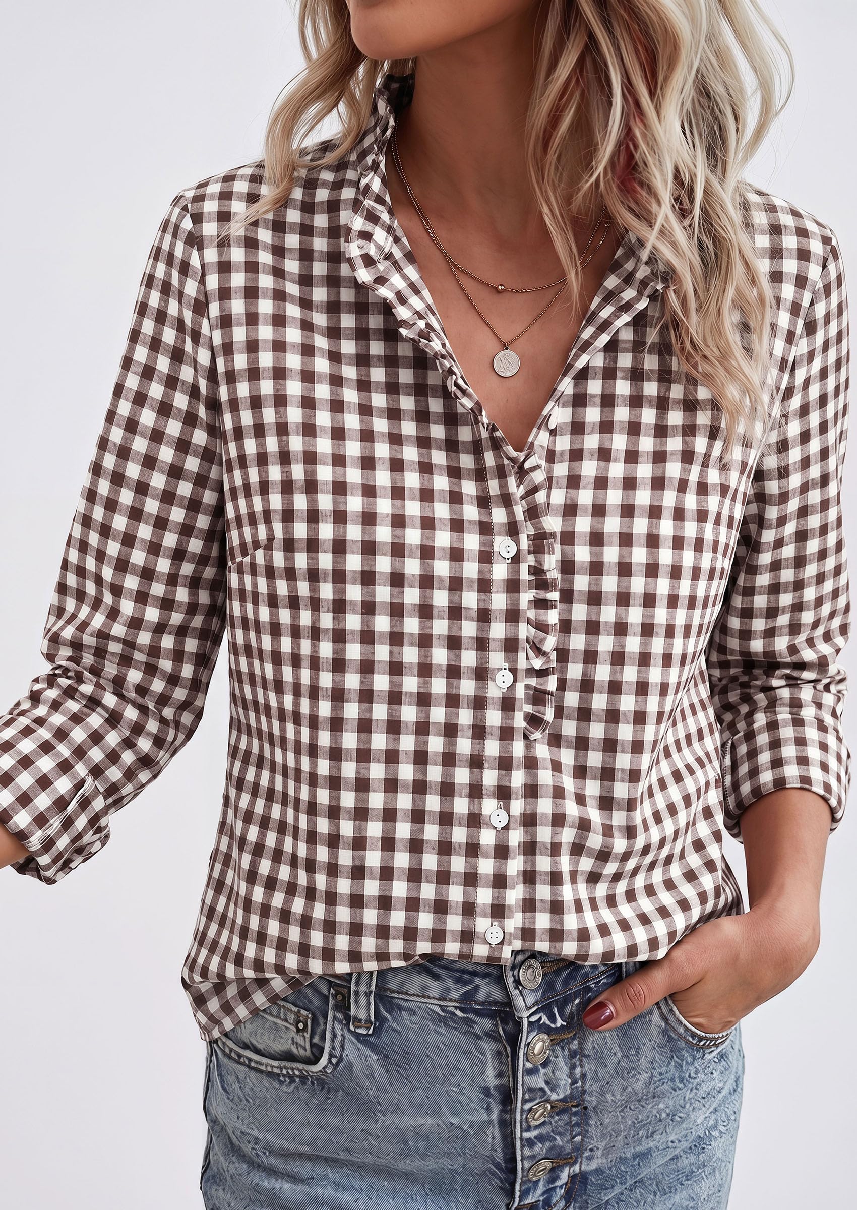 Womens Long Sleeve Button Down Shirts,Brown White,S