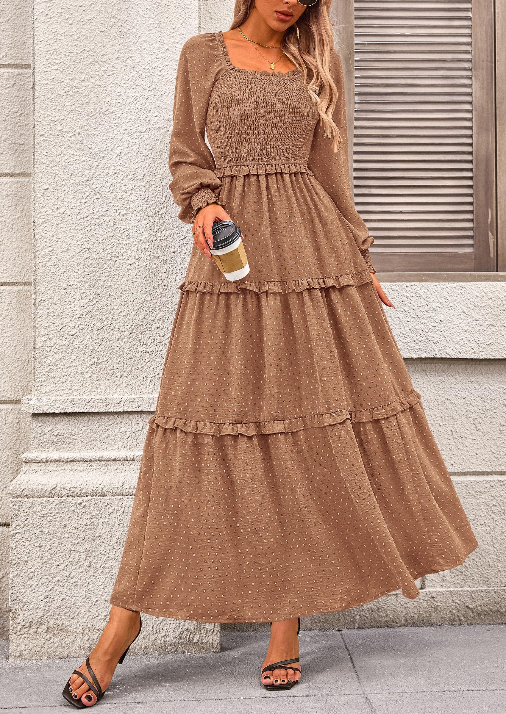 Women's Smocked Long Sleeve Maxi Dress Wedding Guest Dresses