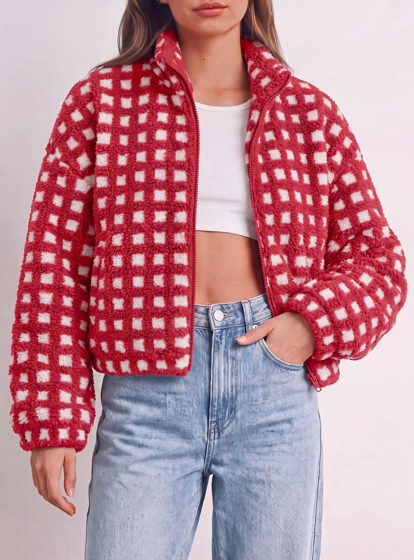 Women's Gingham Sherpa Fleece Jacket Plaid Cropped Teddy Coat