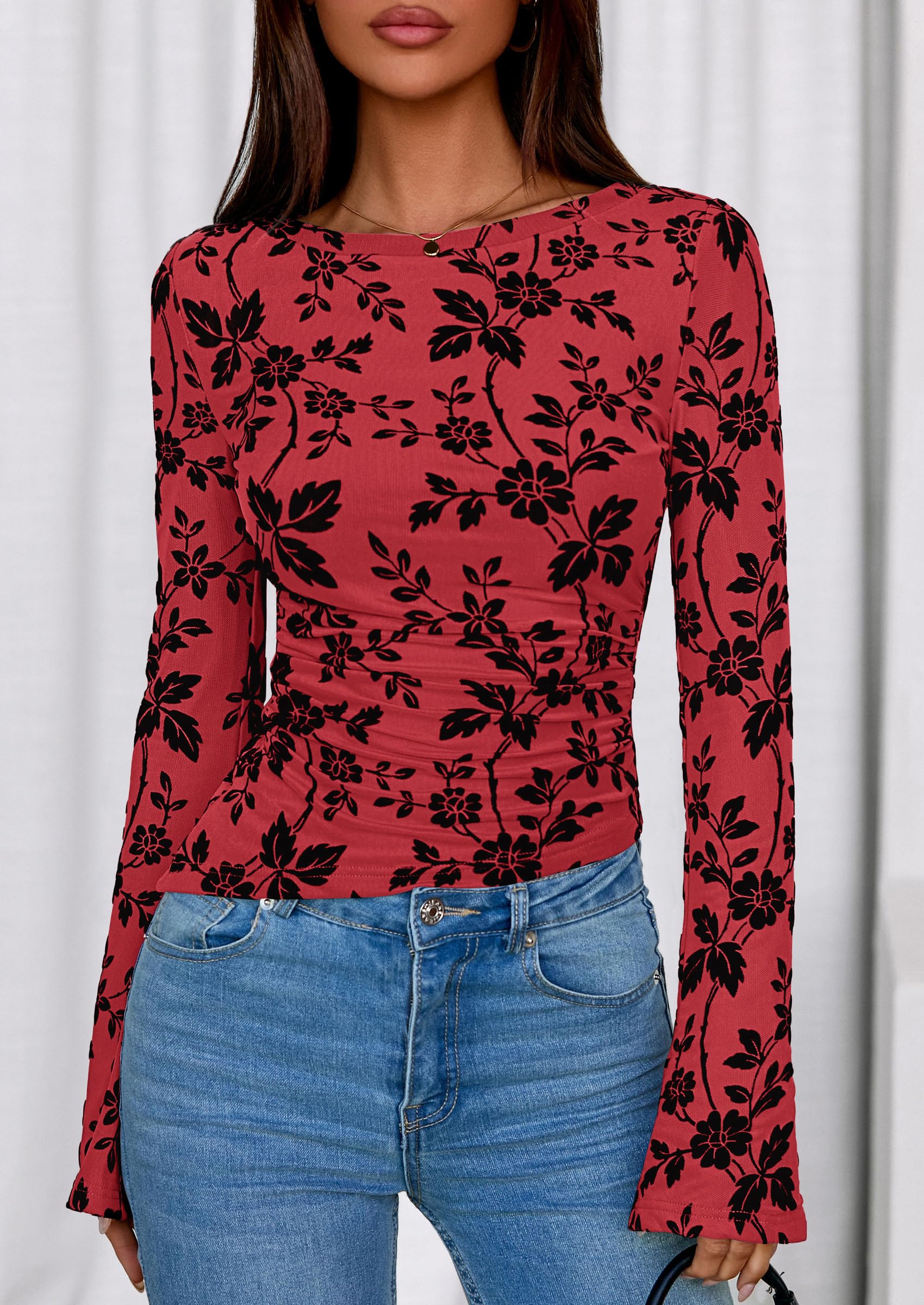 Women's Long Bell Sleeve Y2K Tops Boho Floral Mesh Blouses Red