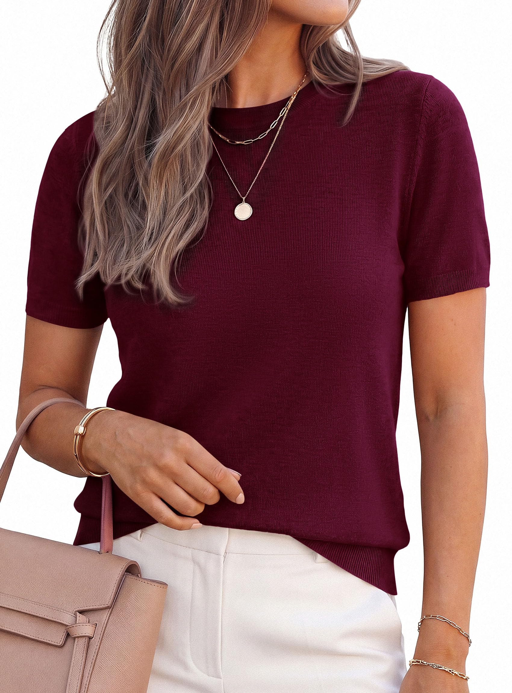 Women's Short Sleeve Sweaters Summer Tops,Dark Burgundy,S