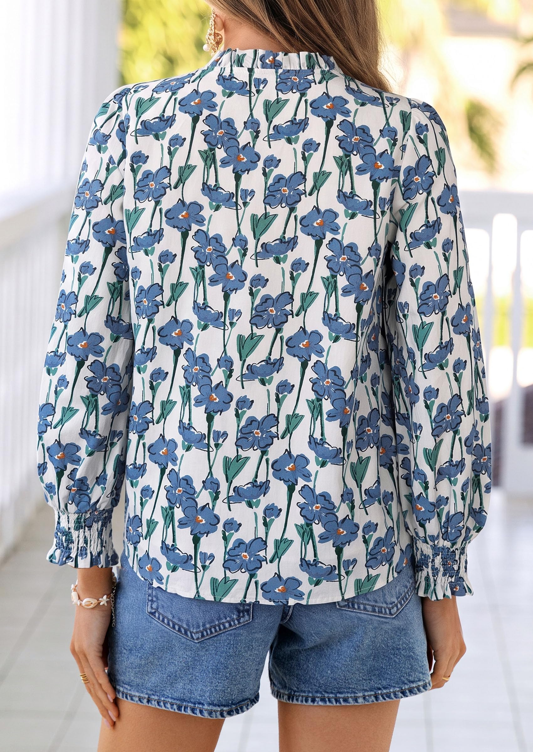 Women's Boho Floral Blouses Dressy Casual White Blue,S