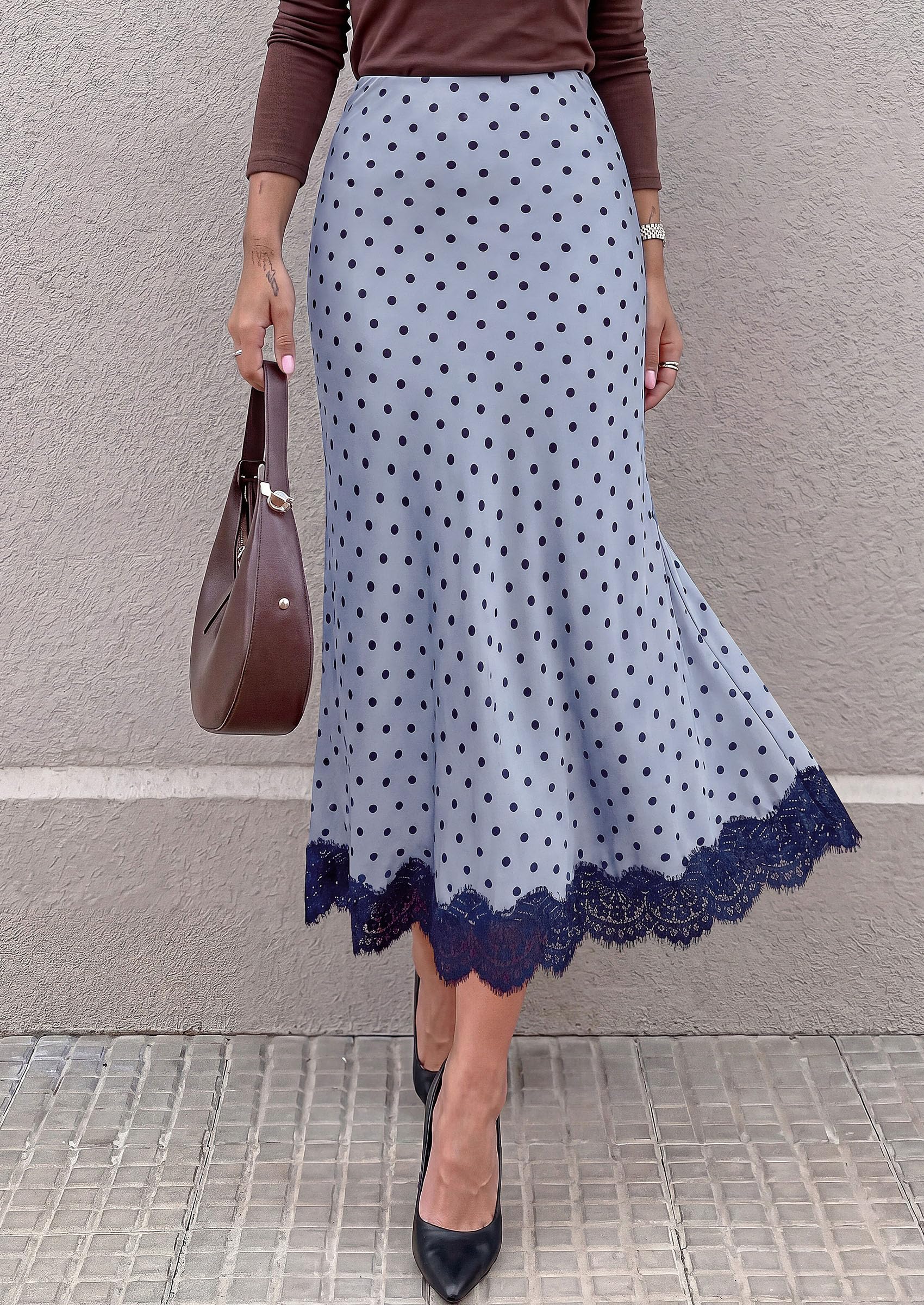 Women's Polka Dot Satin Skirt Fall Flowy Midi Leopard Skirts