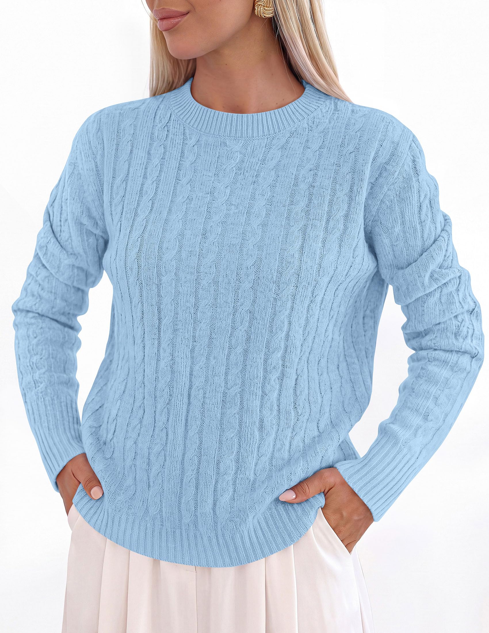 Womens Cable Knit Crewneck Fall Sweater Long Sleeve Tops 2026