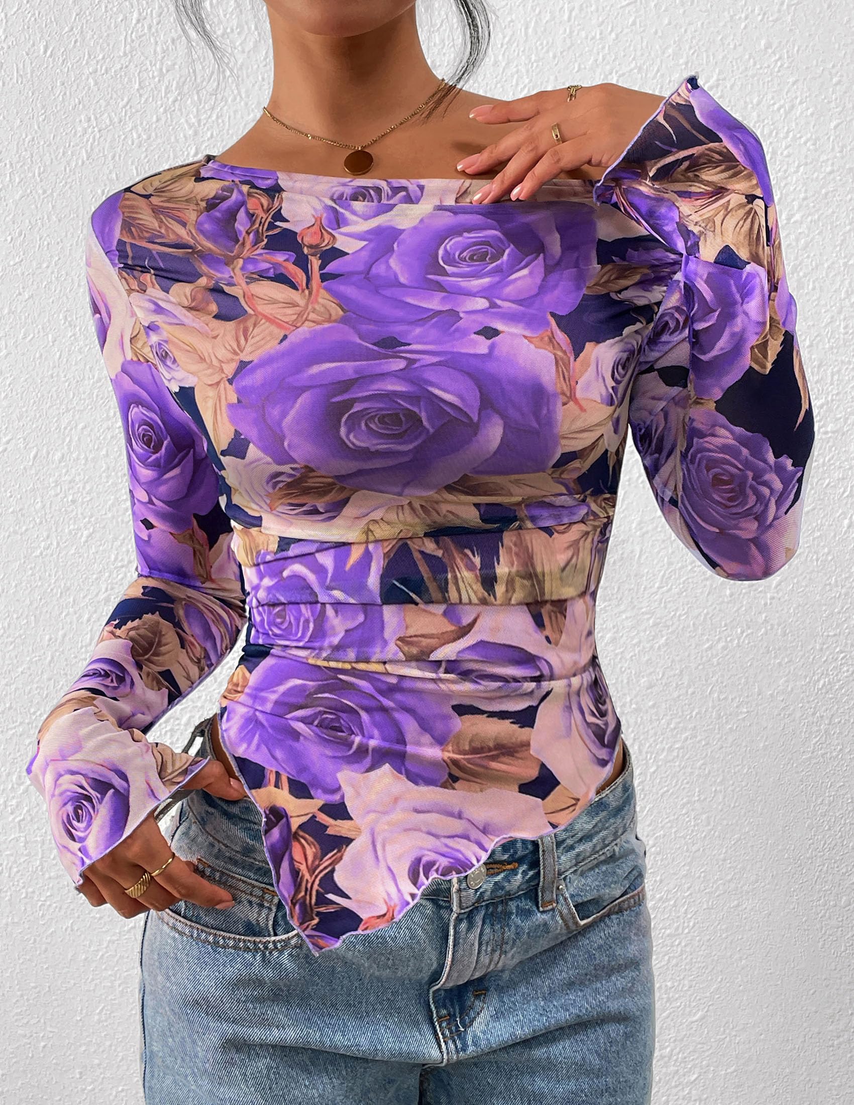 Womens Off Shoulder Mesh Y2k Tops,Floral Purple,XS
