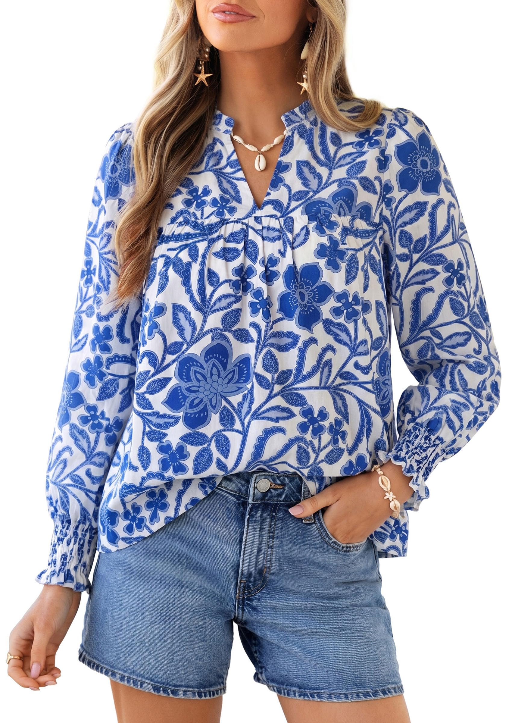 Women's Boho Floral Blouses Dressy Casual Blue,S