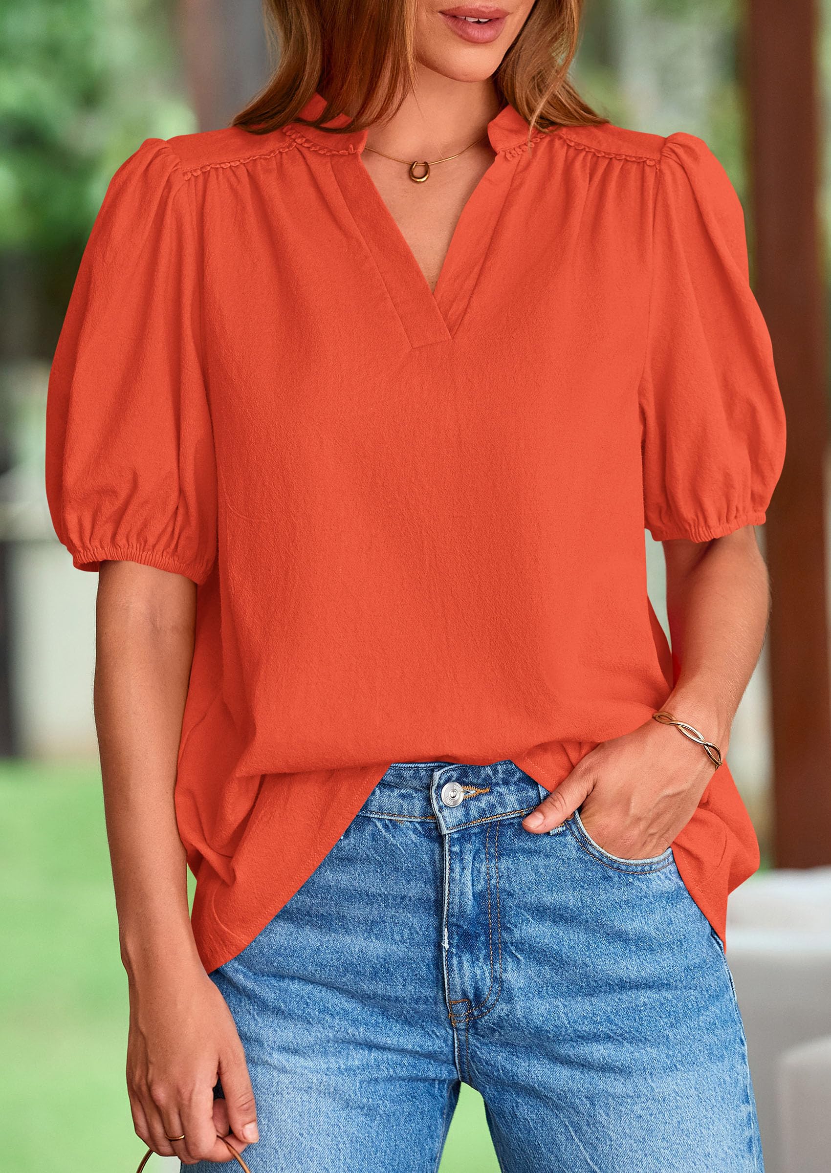 Womens Short Puff Sleeve V Neck Blouses,Orange Red,S