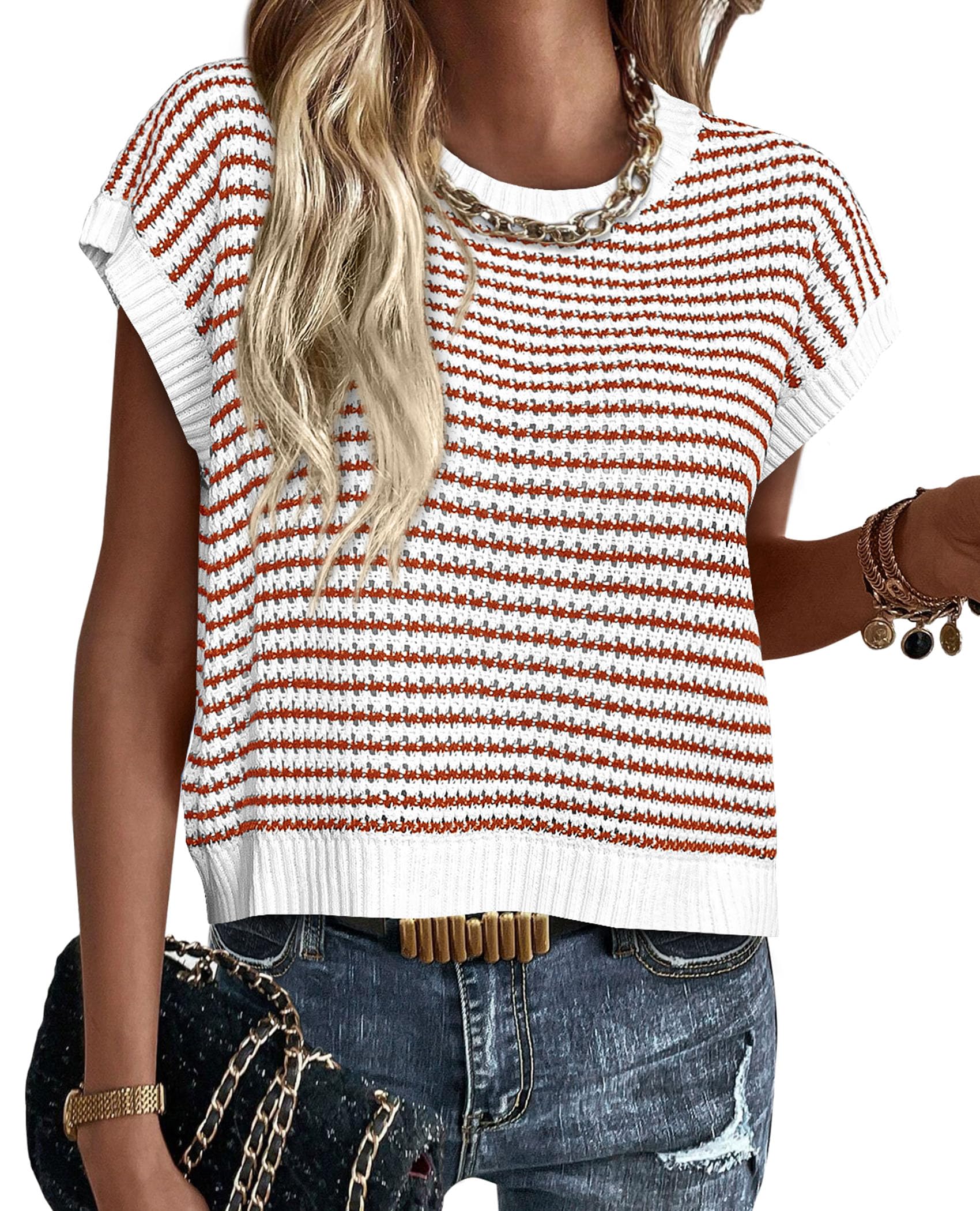 Women's Striped Short Sleeve Sweater Vest Striped White Red,S