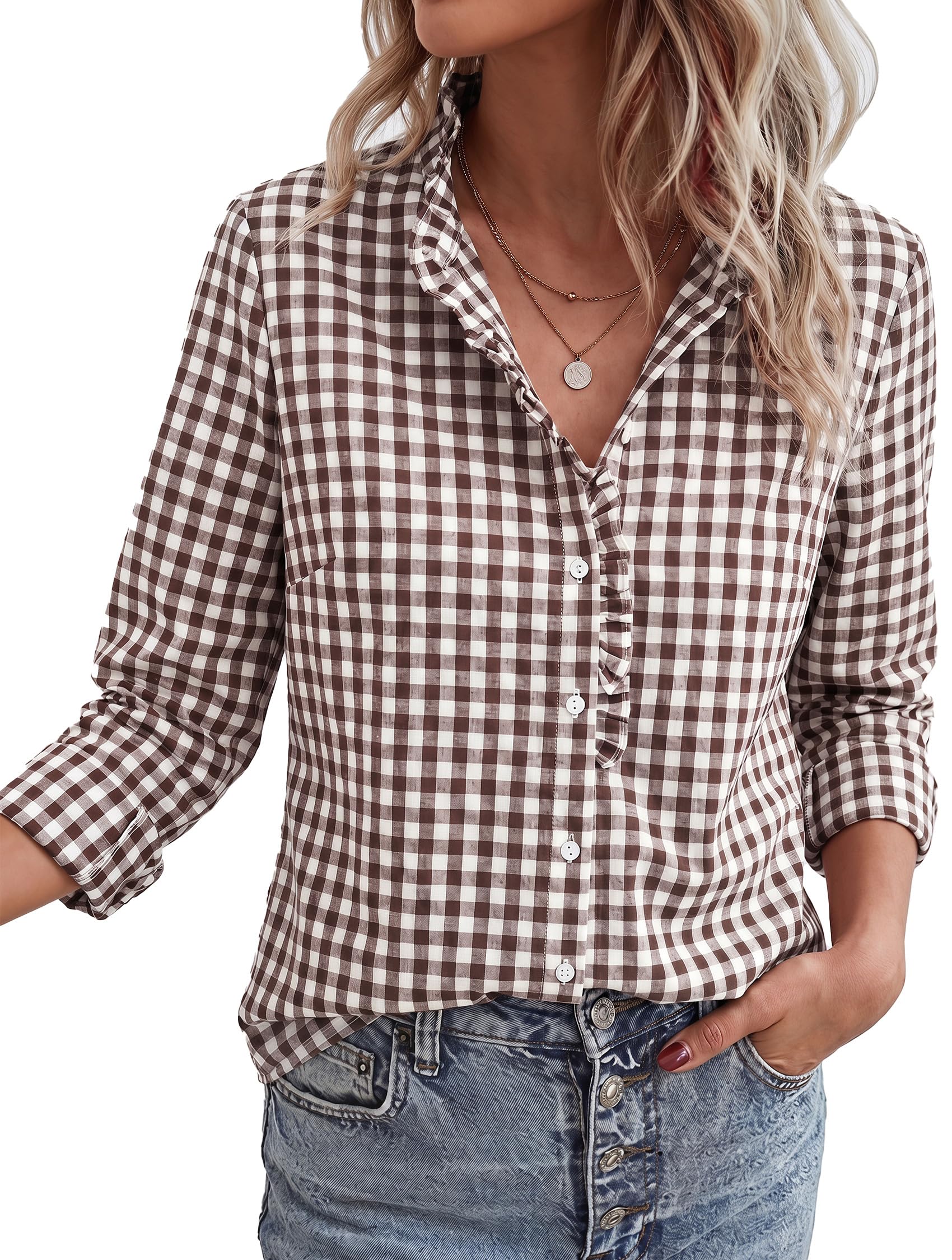 Womens Long Sleeve Button Down Shirts,Brown White,S