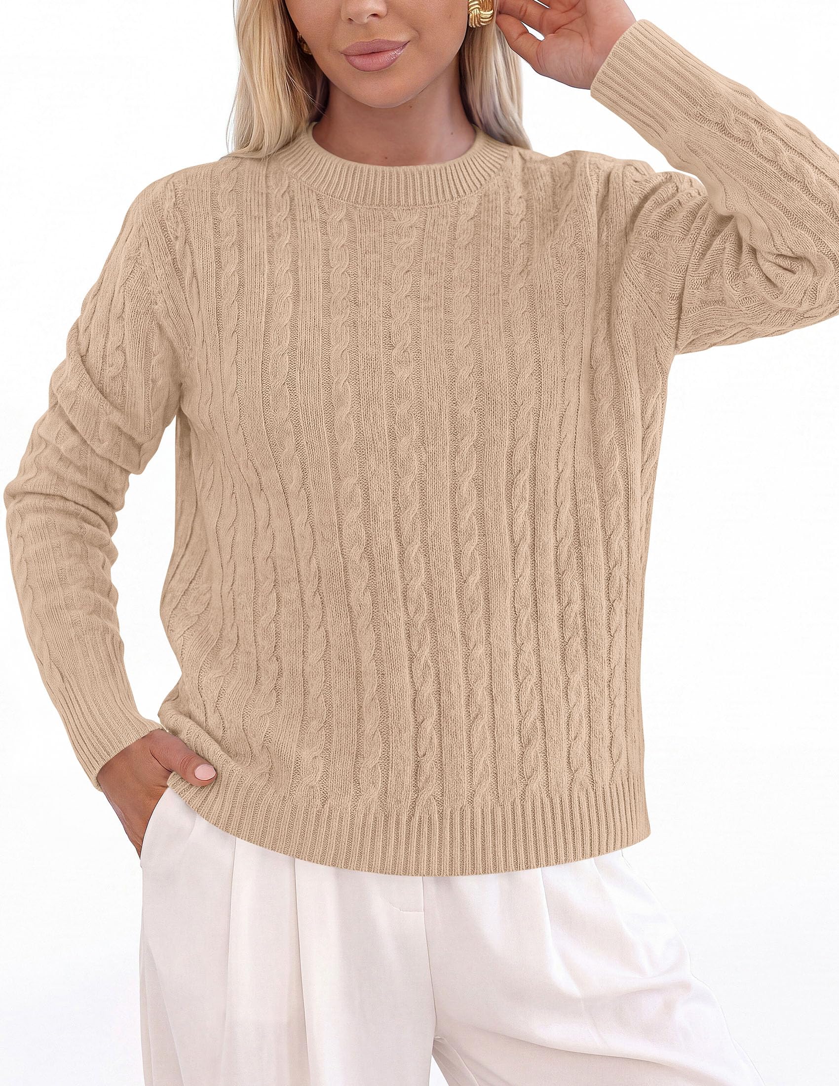 Womens Cable Knit Crewneck Fall Sweater Long Sleeve Tops 2026