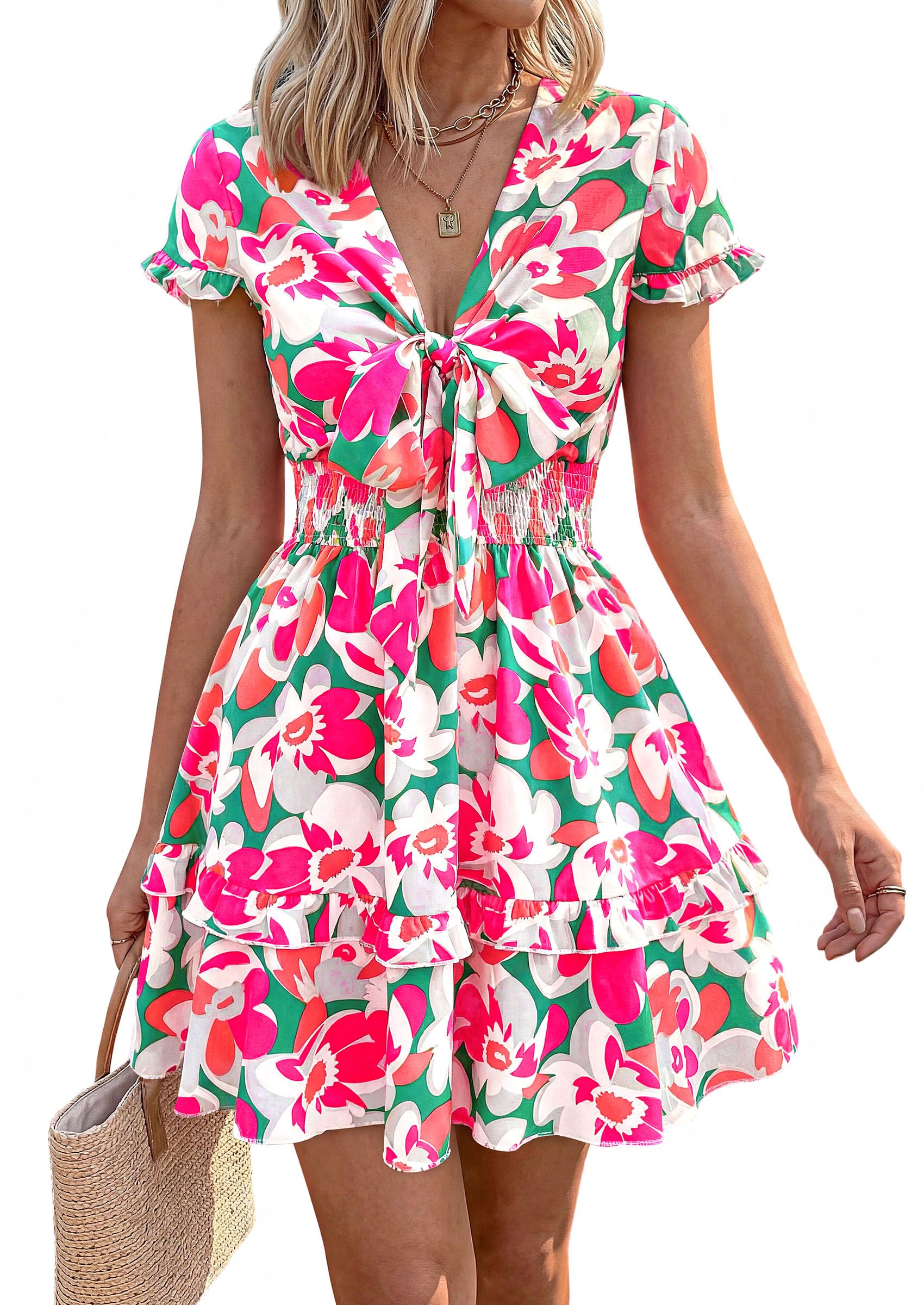 Women's Boho Floral Mini Tiered Bow Dress, Floral Green Pink,S