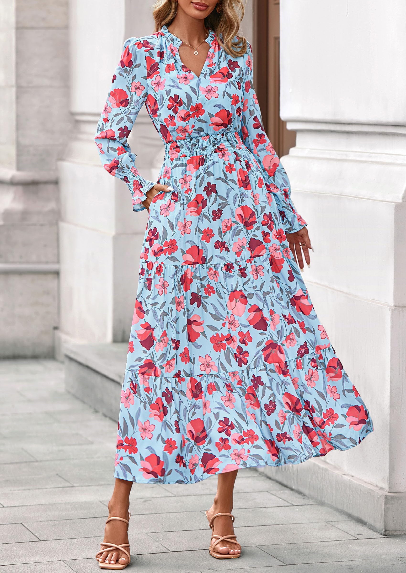 Women's Floral Maxi Dress Fall A Line Wedding Guest Dresses