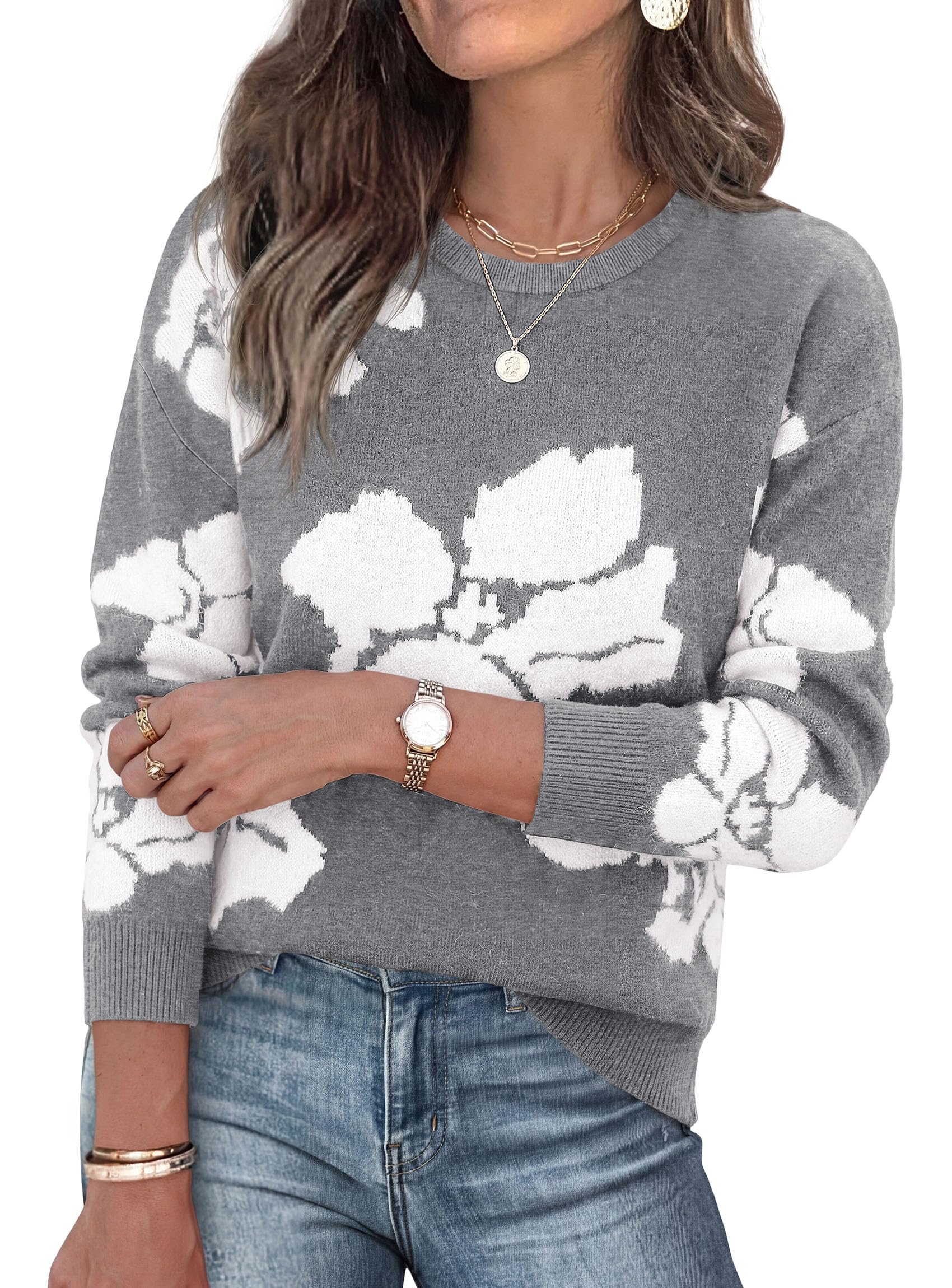 Womens Floral Sweater Crewneck Printed Pullover Tops Grey