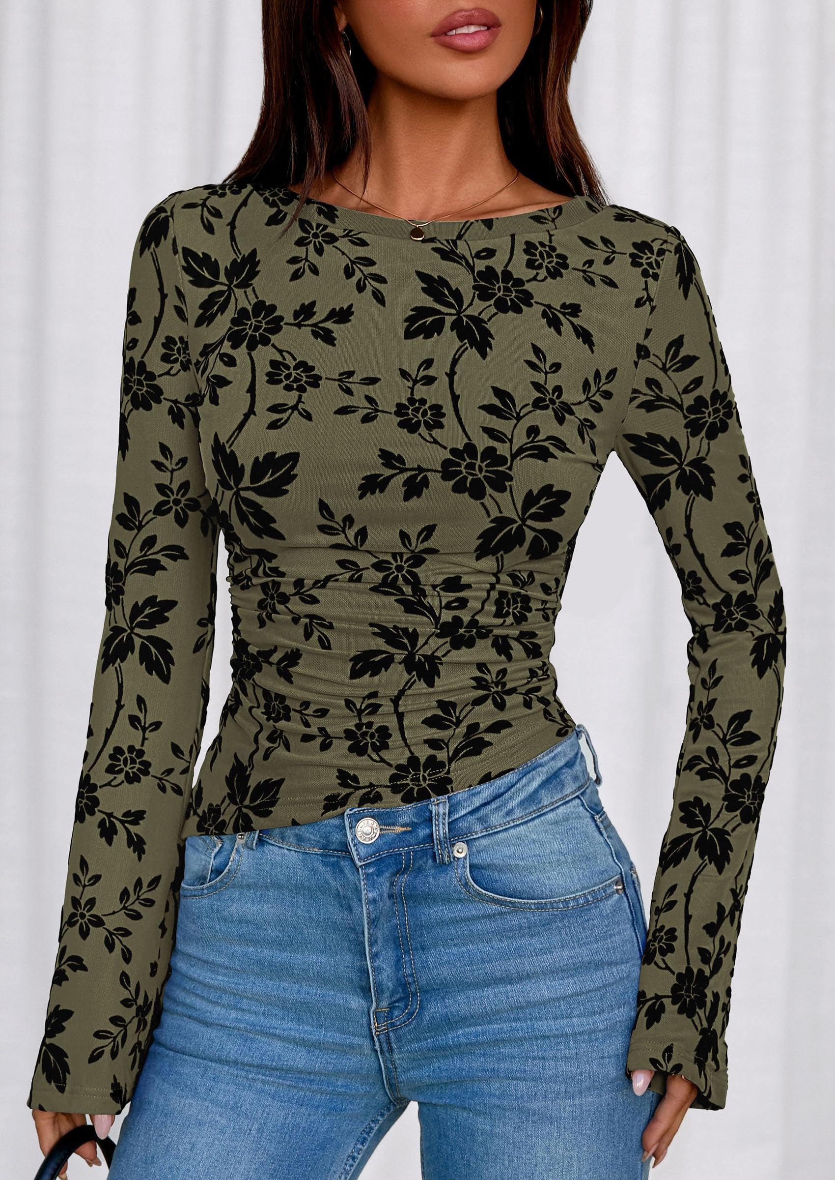 Women's Long Bell Sleeve Y2K Tops Boho Floral Mesh Blouses