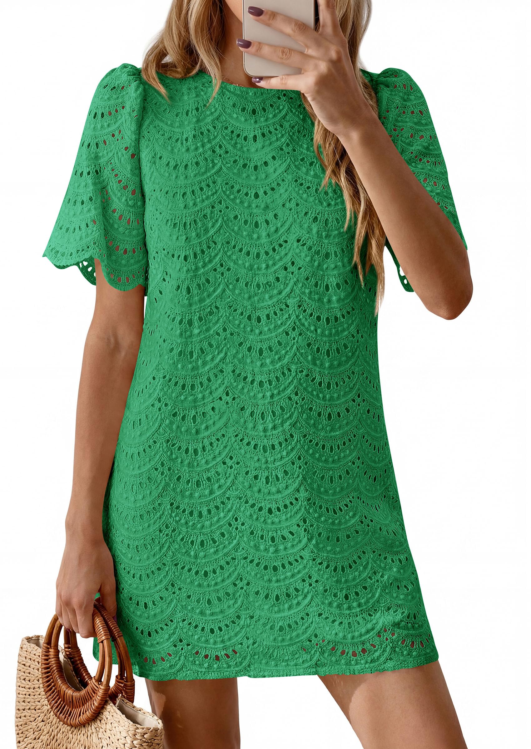 Women's Summer Eyelet Lace Short Dress (Dark Green,S)