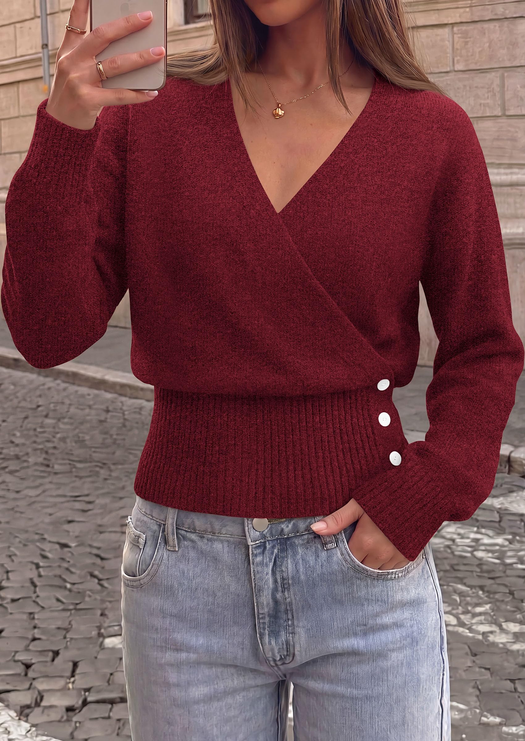 Women V Neck Wrap Sweater Cropped Tops (Wine Red,S)