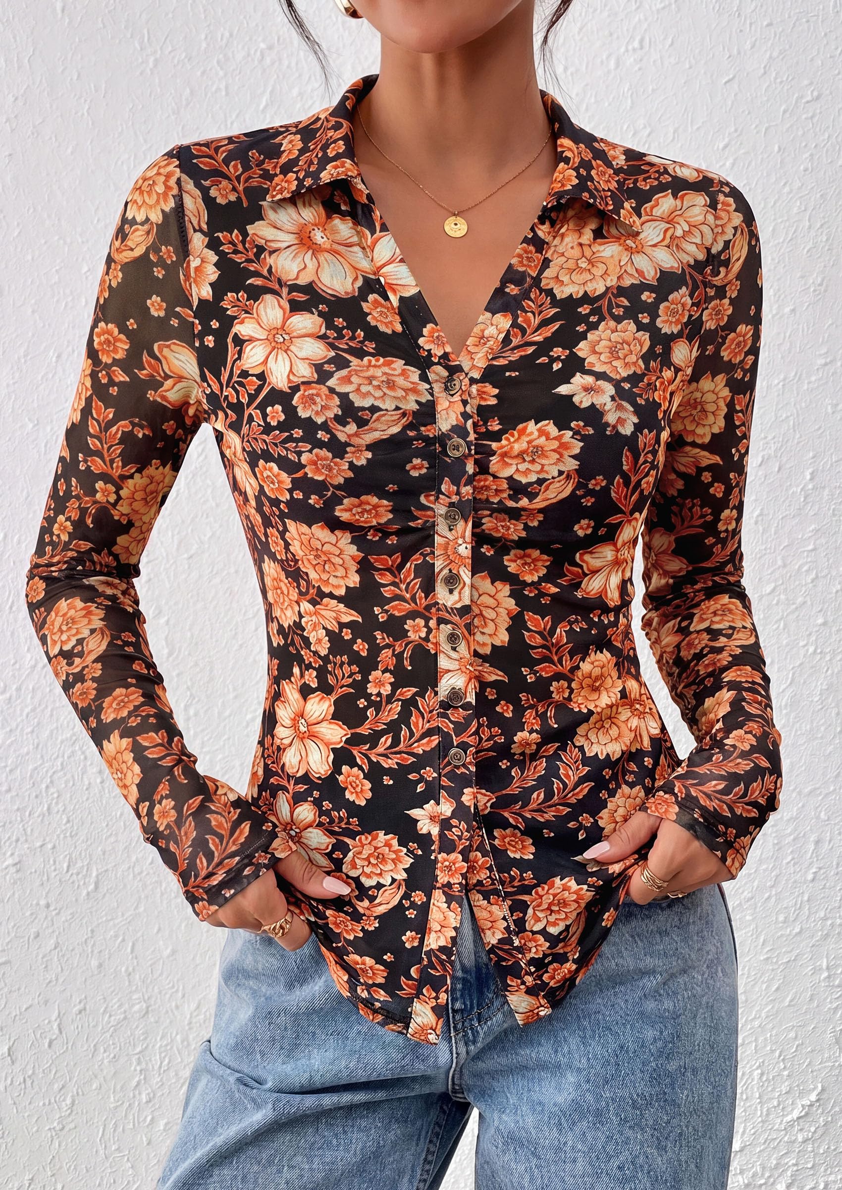 Women's Button Down Shirts Boho Mesh Floral Going Out Tops