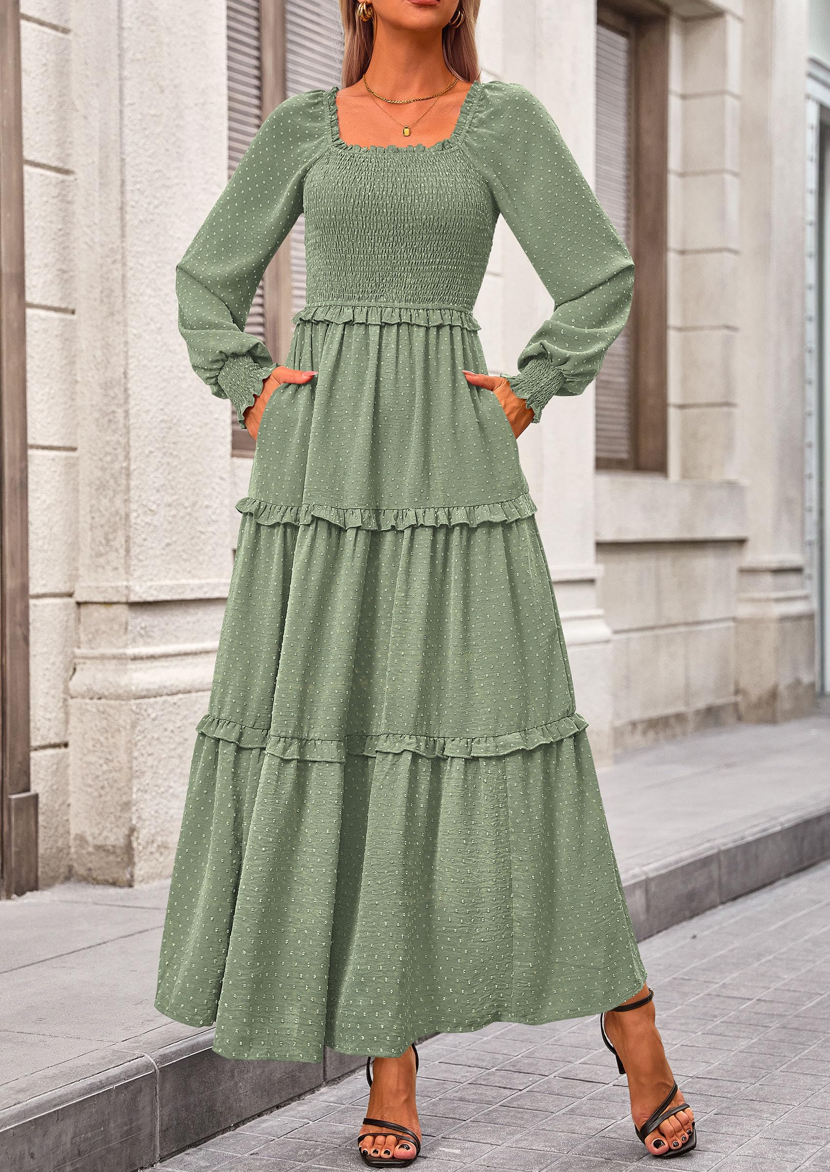 Women's Smocked Long Sleeve Maxi Dress Wedding Guest Dresses