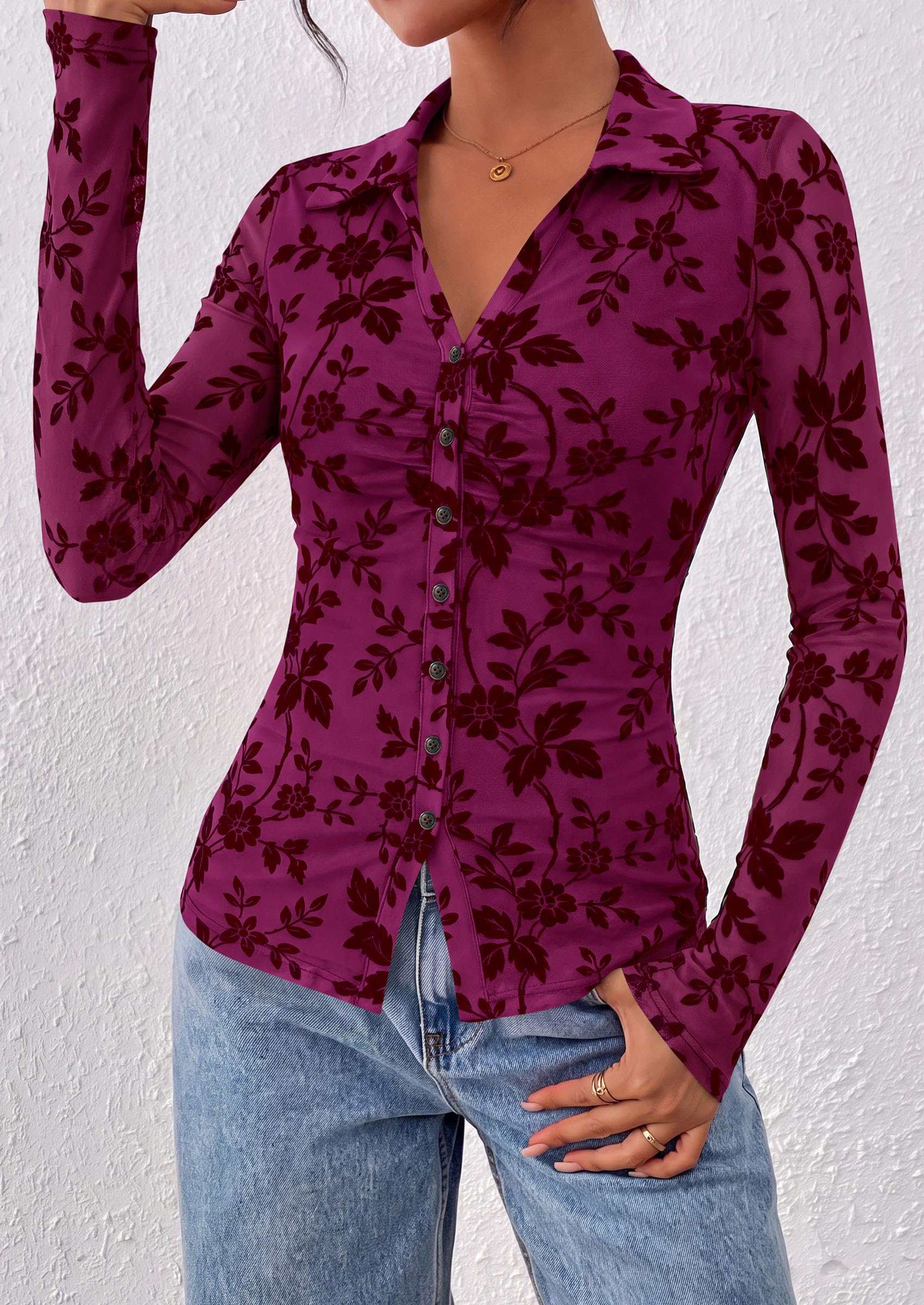 Women's Long Sleeve Floral Mesh Boho Tops Button Down Shirts