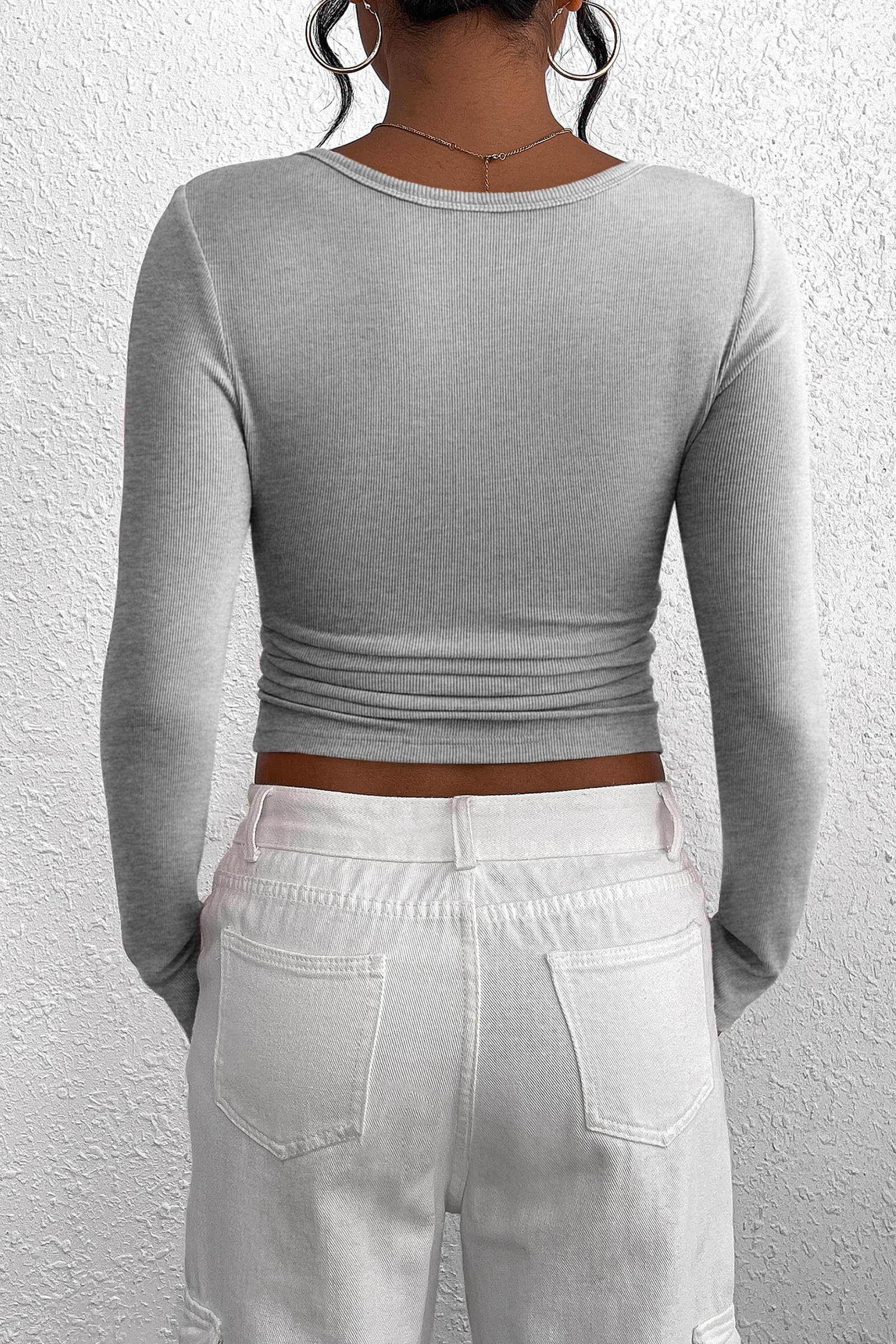 Women's Fall Long Sleeve Henley T Shirts Grey