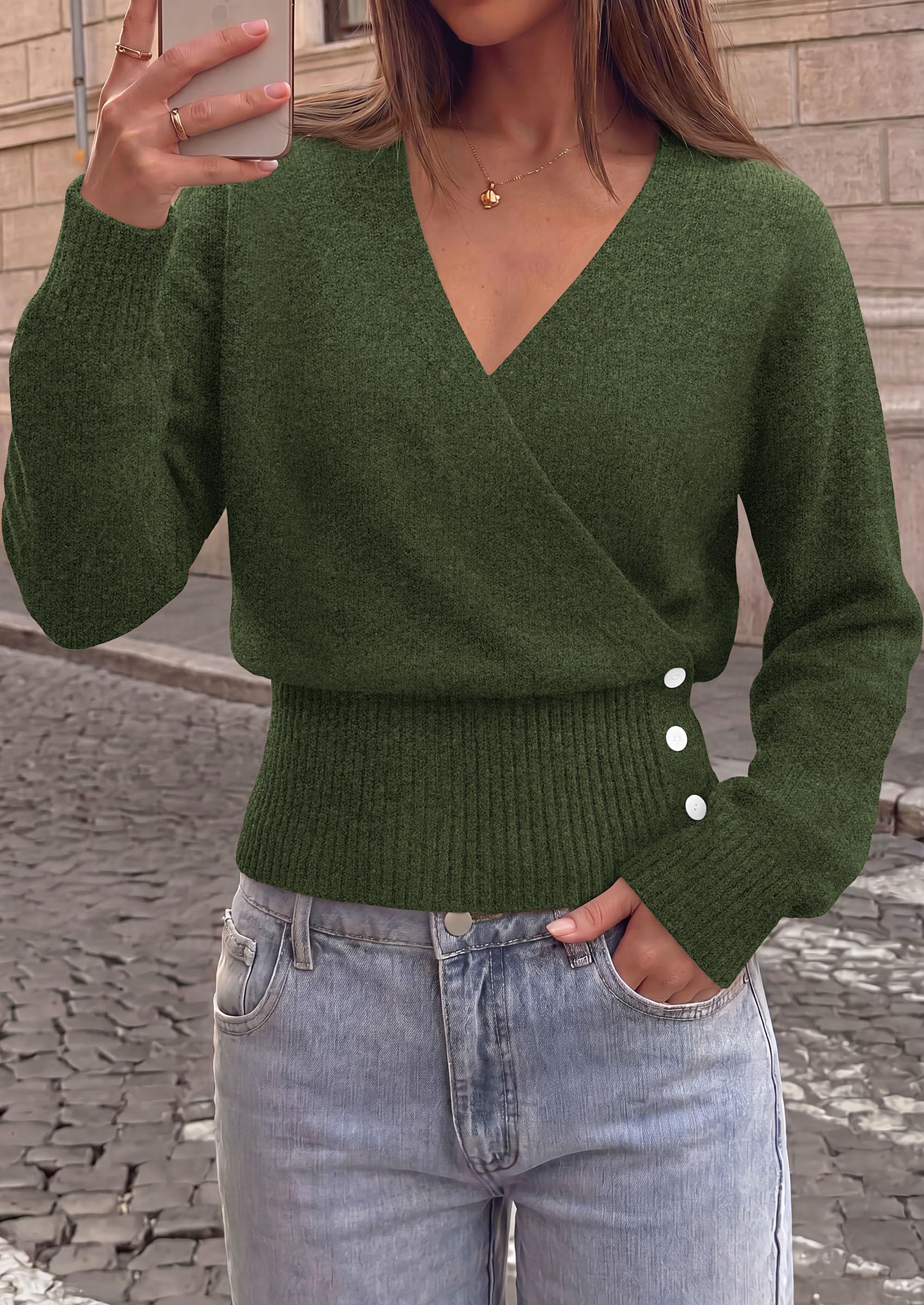 Women V Neck Wrap Sweater Cropped Tops (Army Green,S)