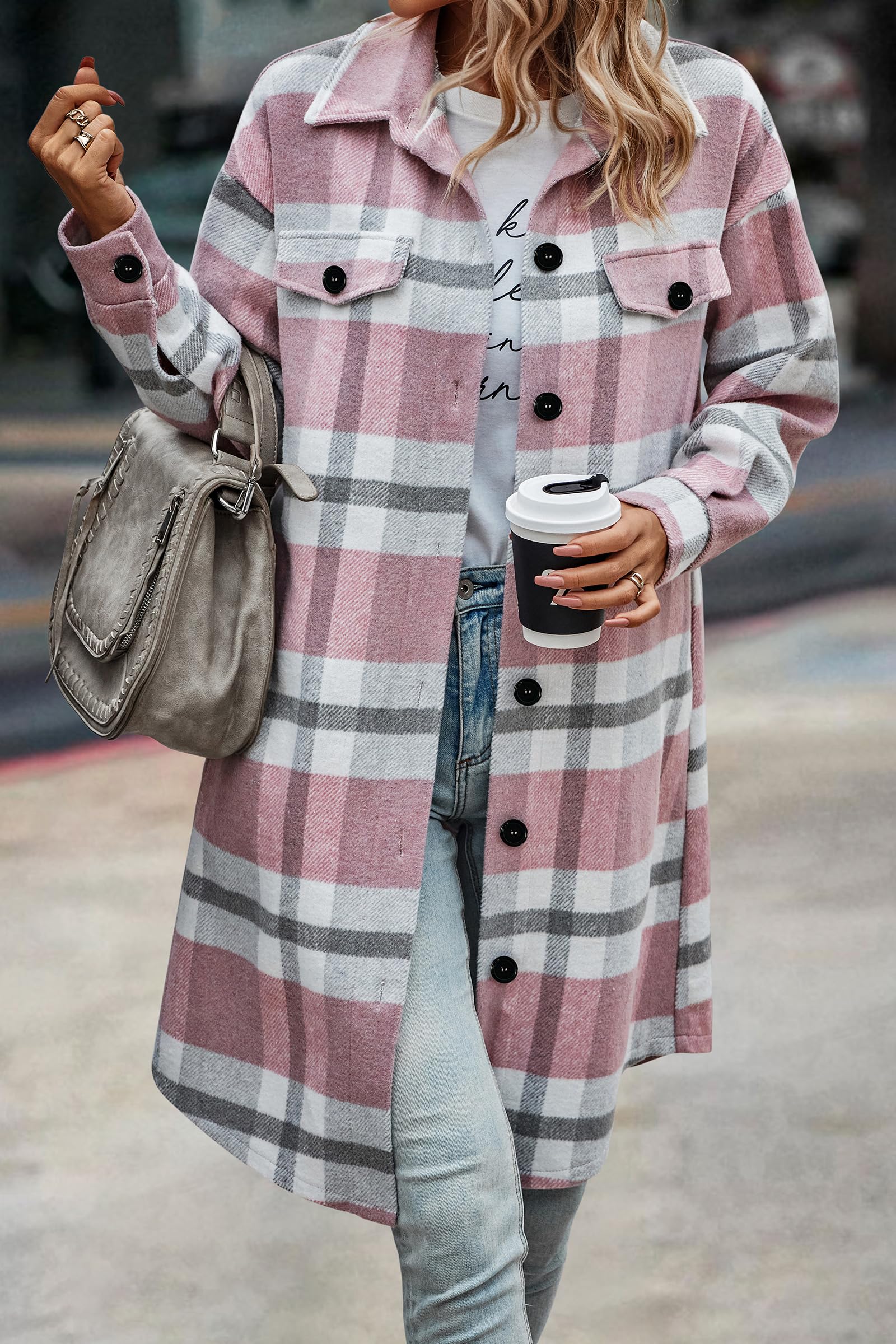 Womens Plaid Shacket Jacket Flannel Shirts,Plaid Pink,S