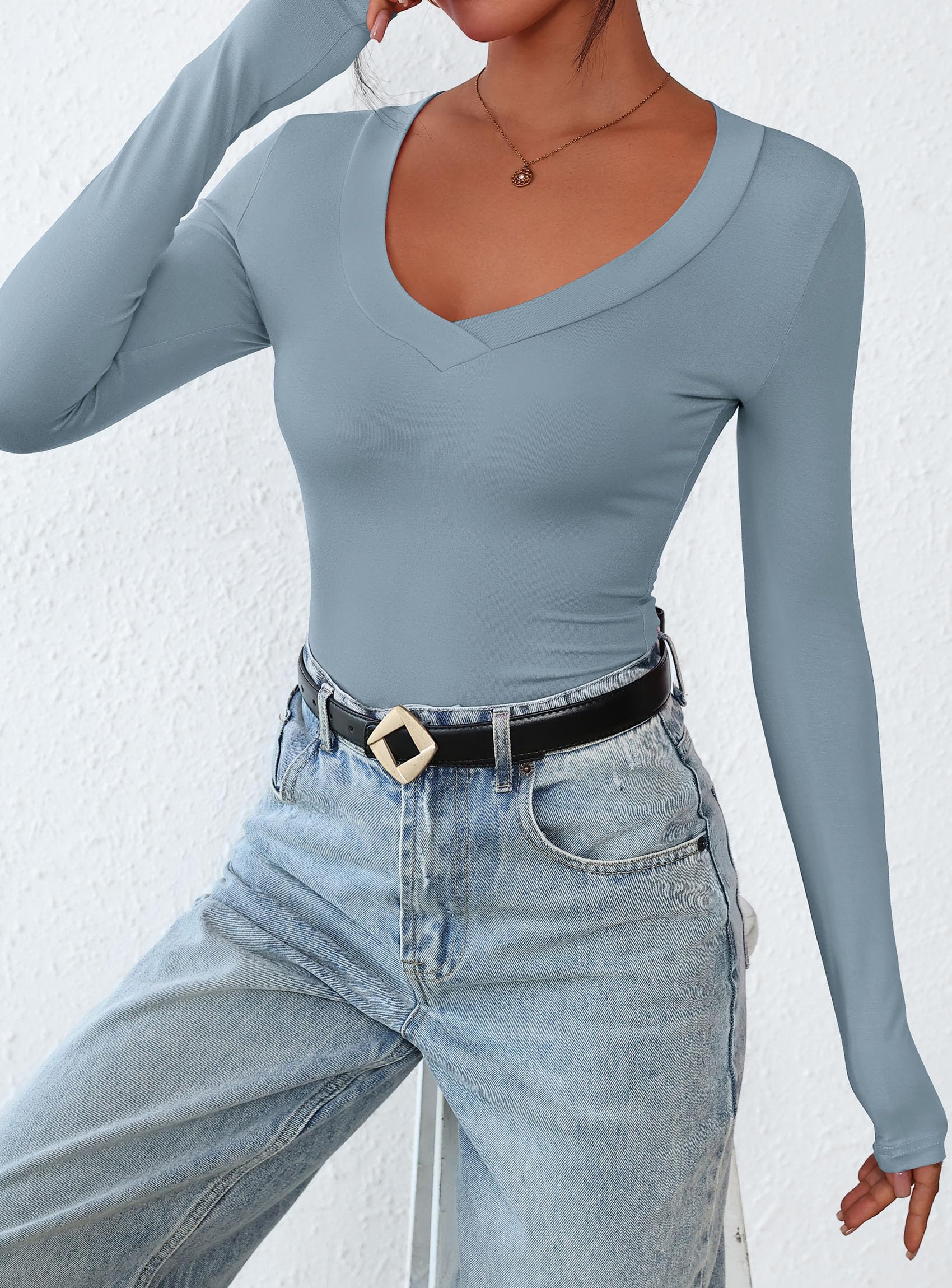 Women's V Neck Long Sleeve Shirts,Light Grey Blue,X-S