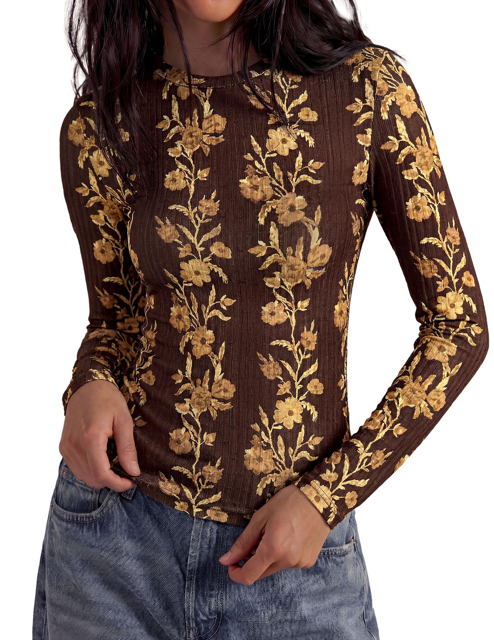 Womens Long Sleeve Shirts Floral Y2K Tops,Brown,XS
