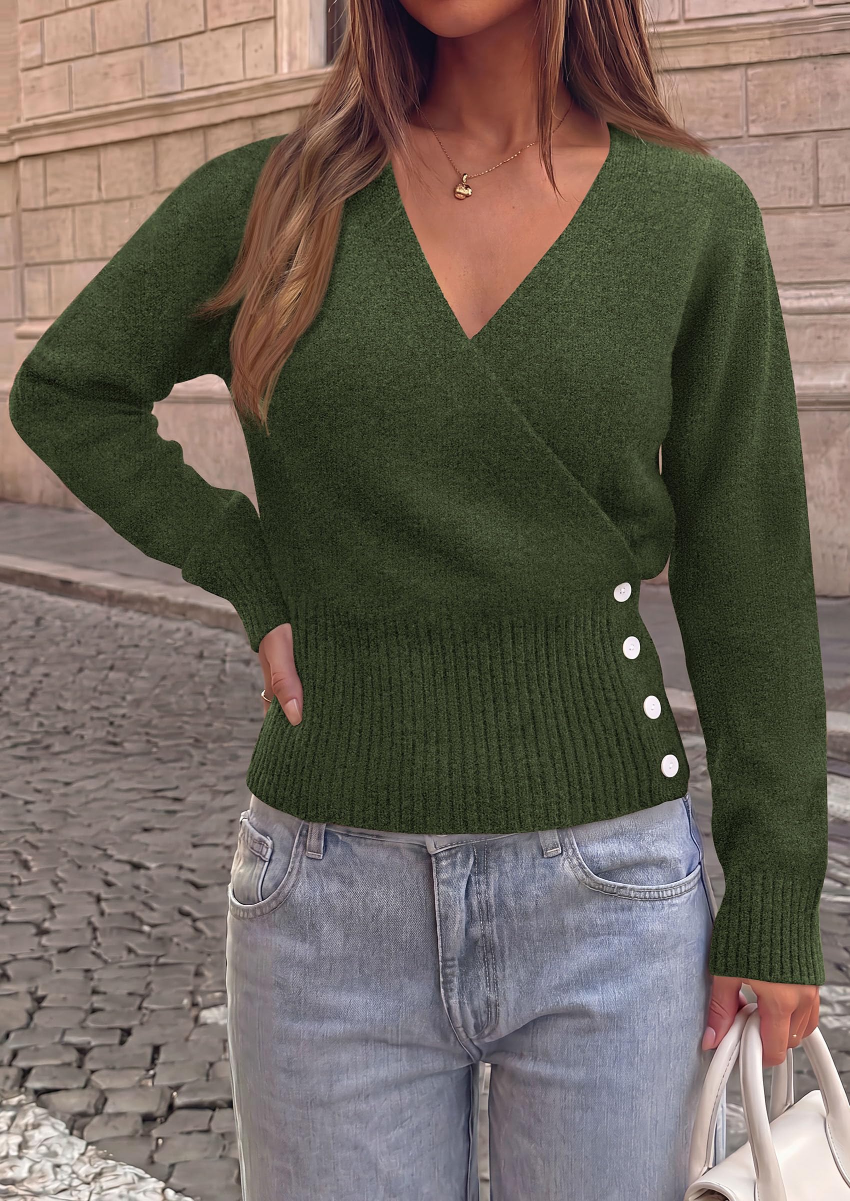 Women V Neck Wrap Sweater Cropped Tops (Army Green,S)
