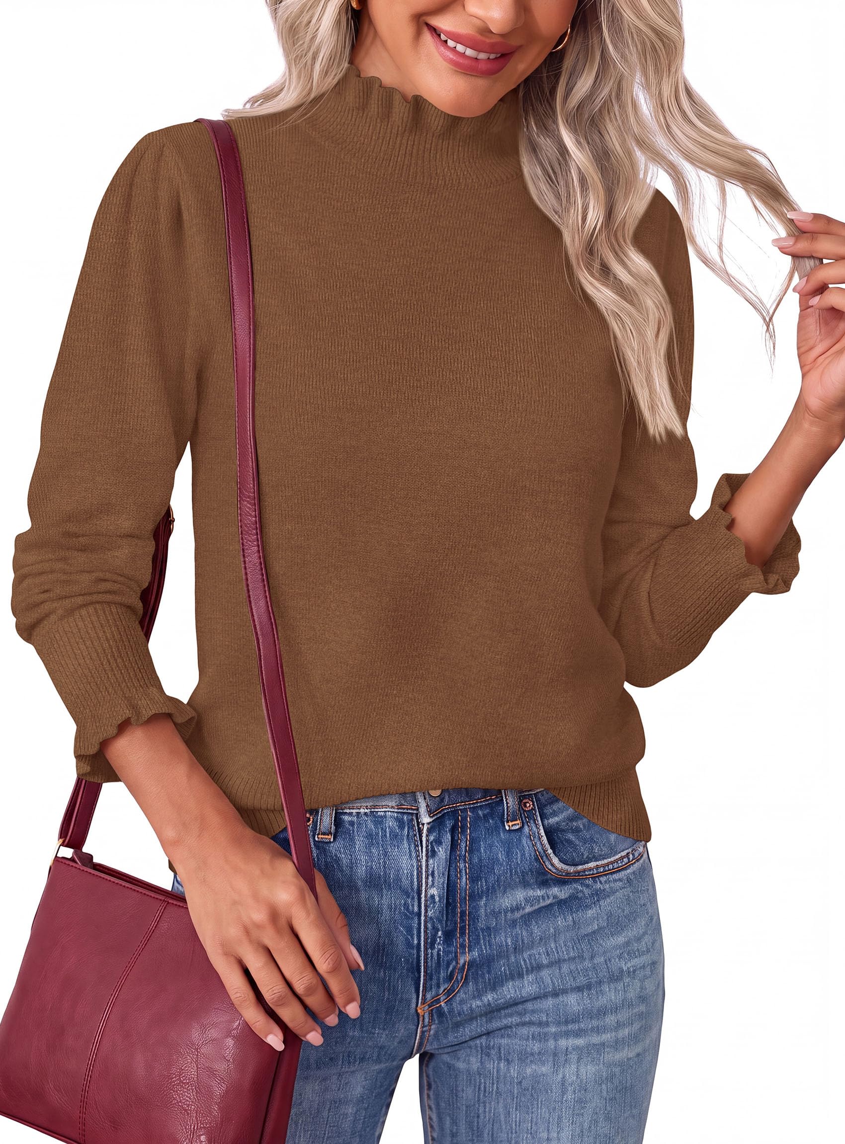Women's Fall Cozy Sweaters Trendy Ruffle Mock Neck Pullover