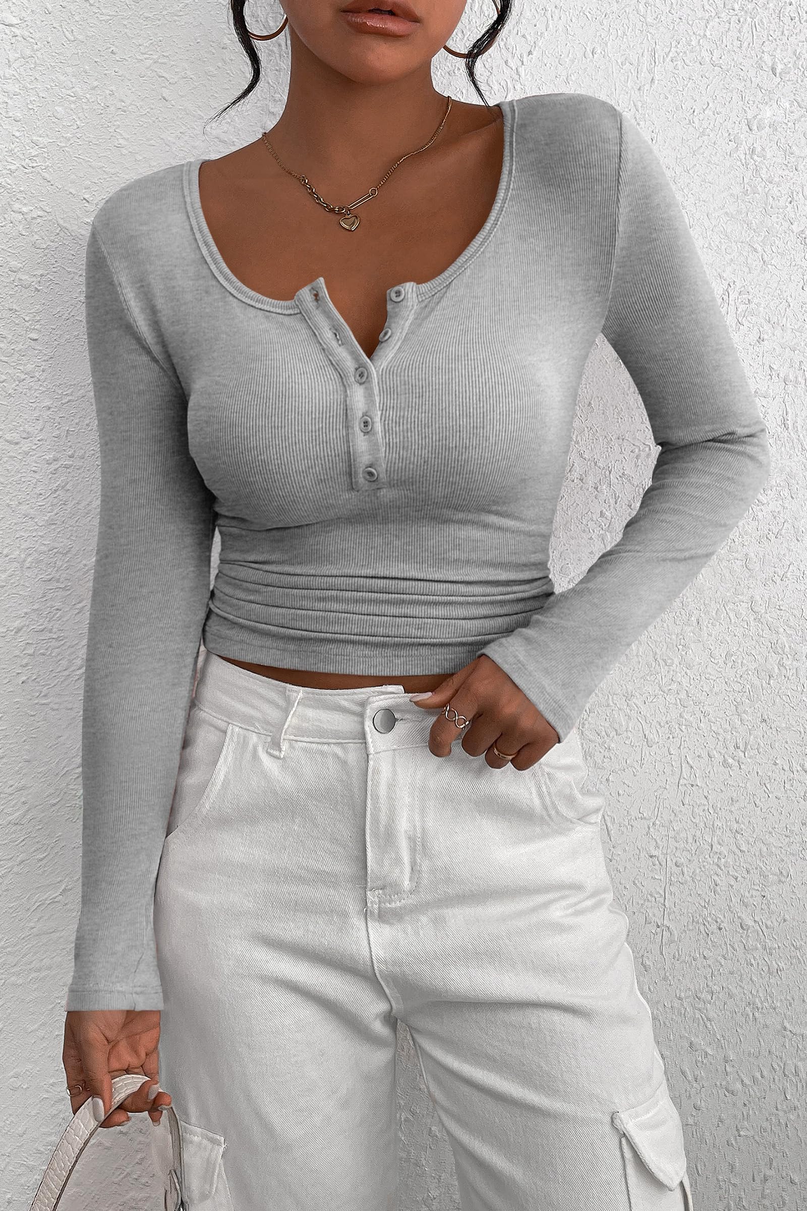 Women's Fall Long Sleeve Henley T Shirts Grey