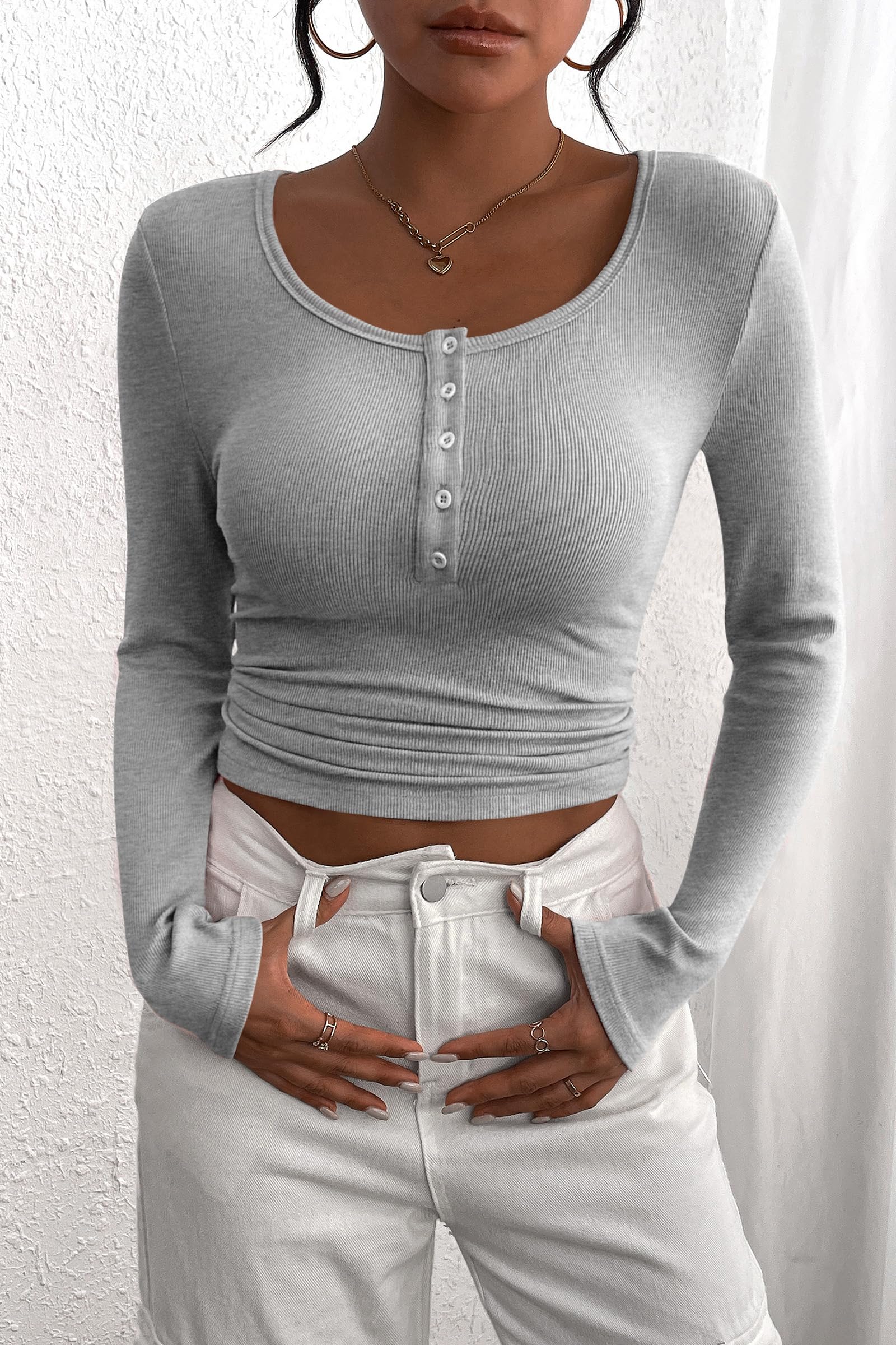 Women's Fall Long Sleeve Henley T Shirts Grey