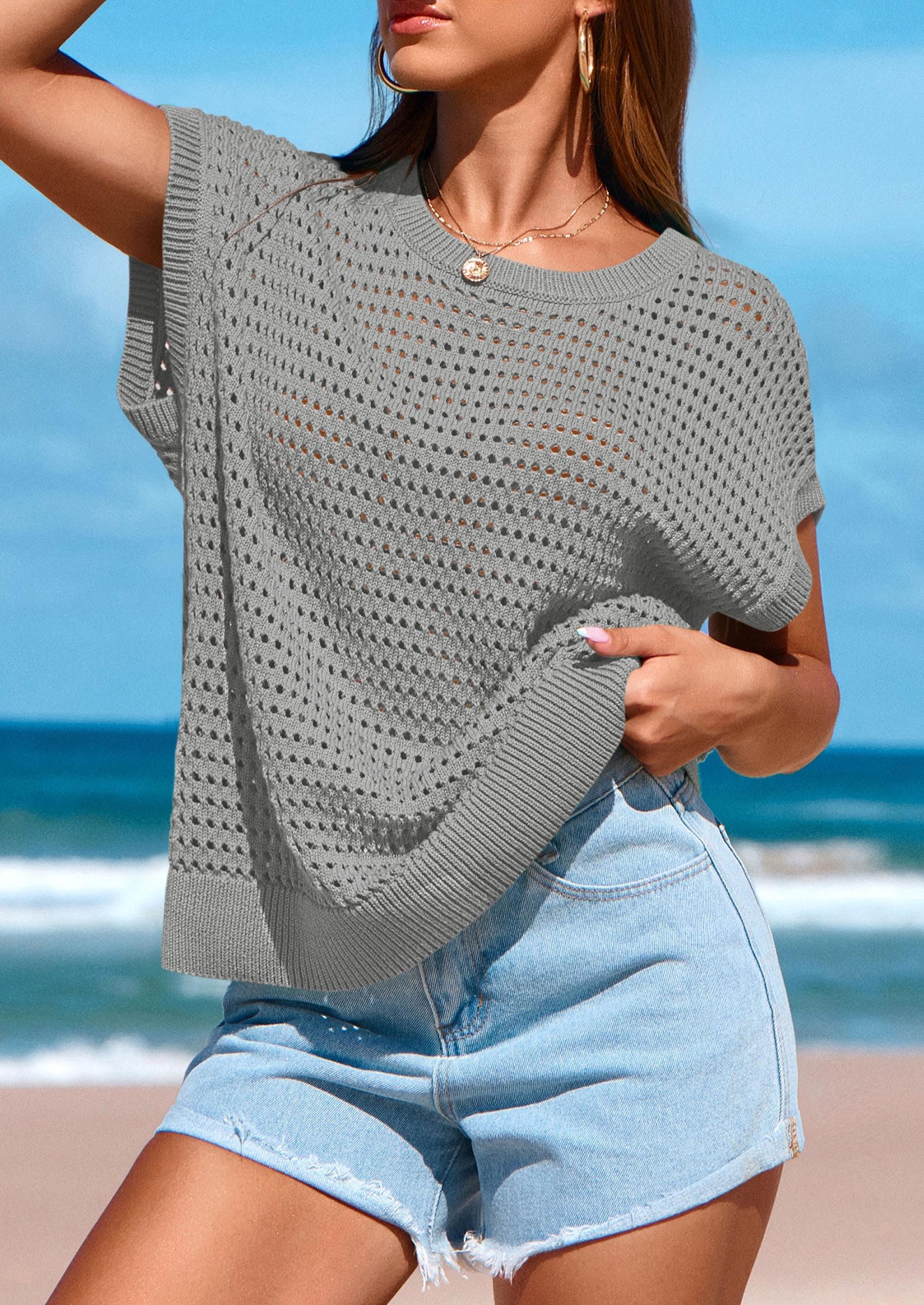 Women's Summer Crochet Cap Sleeve Sweater Tops,Grey,S