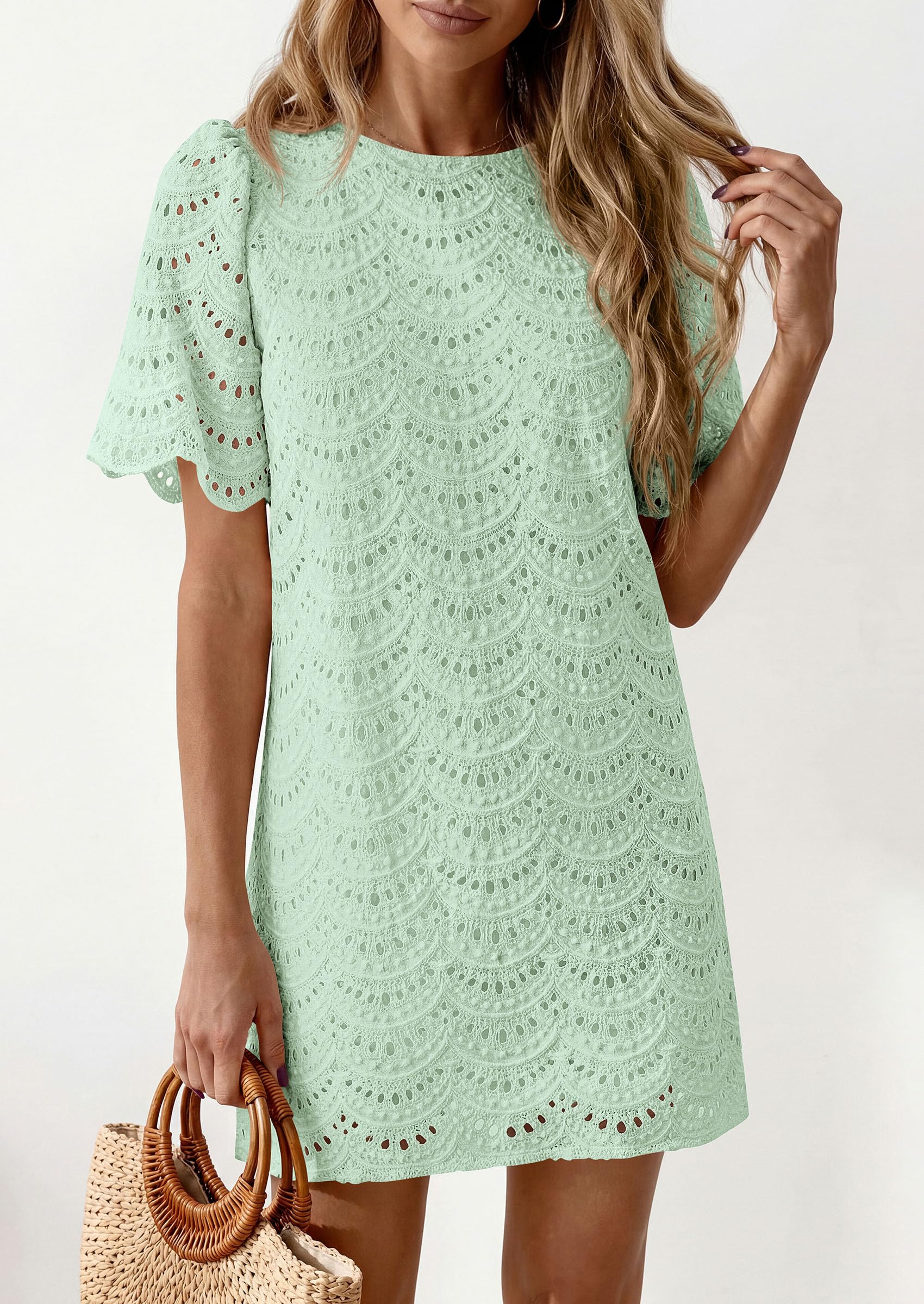 Women's Summer Eyelet Lace Short Dress (Light Green,S)