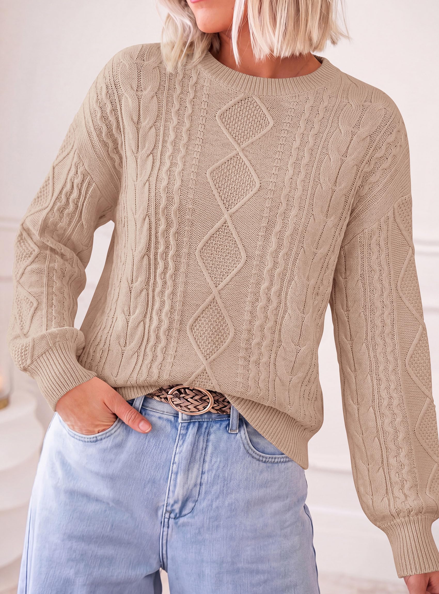 Women's Crewneck Cable Knit Sweater Pullover Tops Khaki