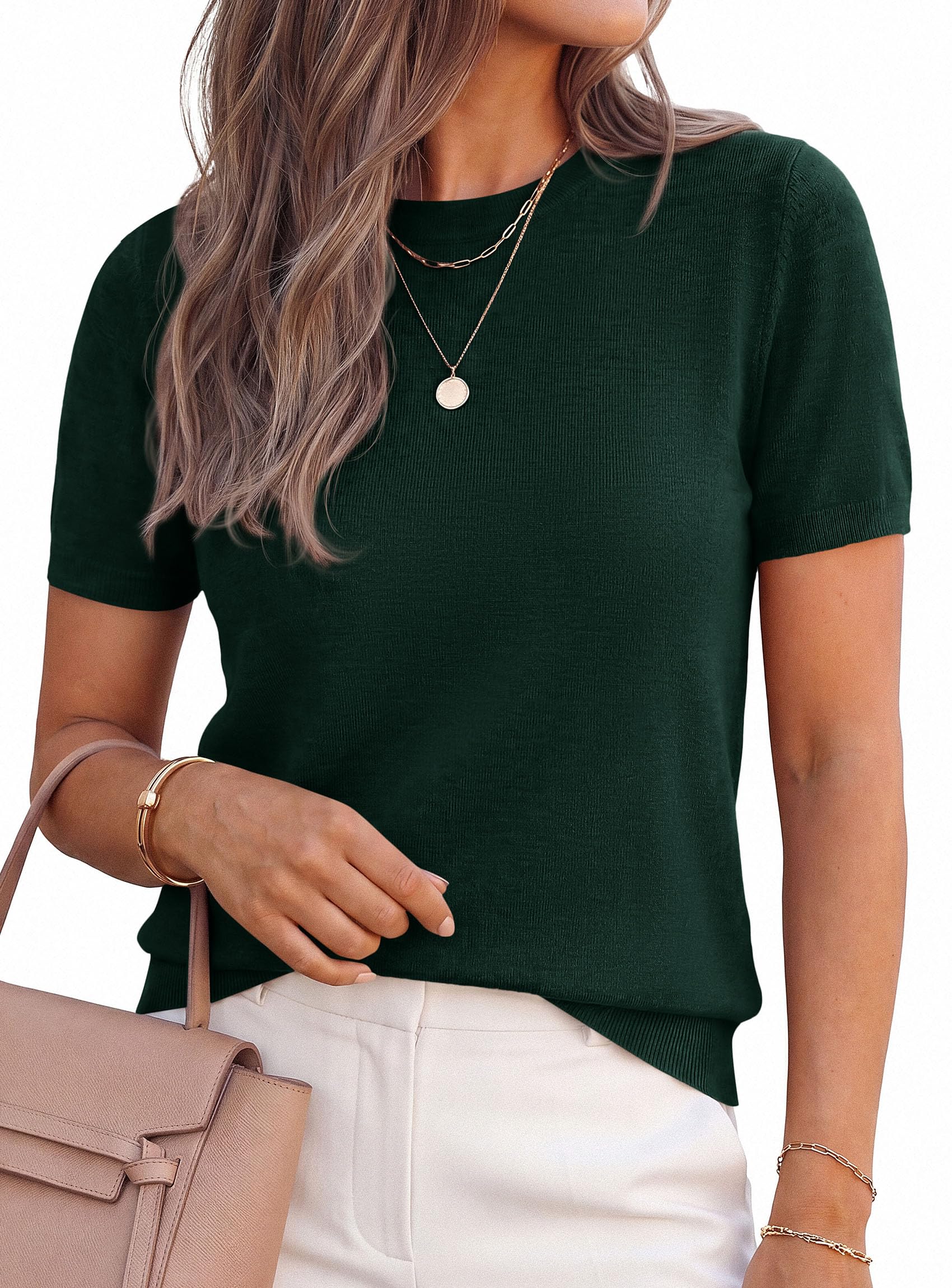 Women's Short Sleeve Sweaters Summer Tops,Dark Green,S