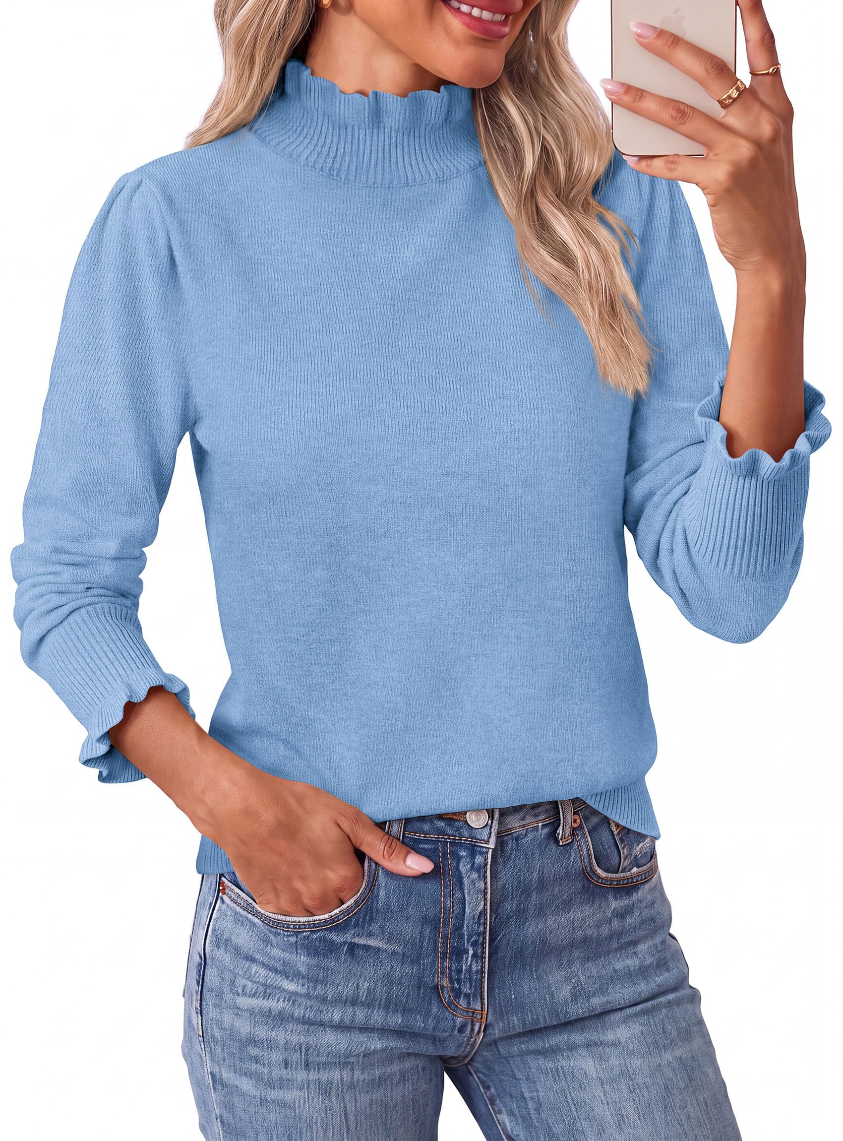 Women's Fall Cozy Sweaters Trendy Ruffle Mock Neck Pullover