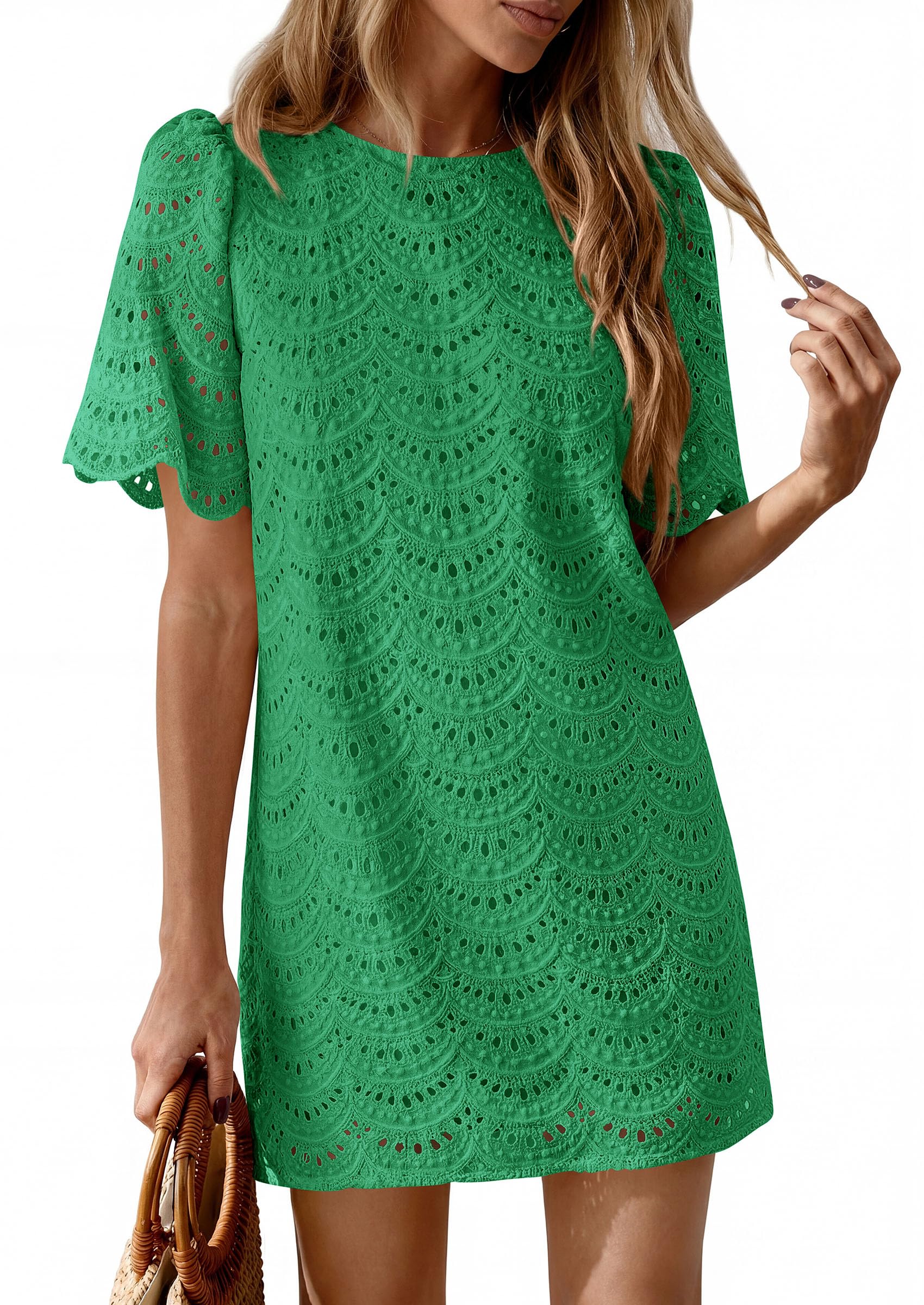 Women's Summer Eyelet Lace Short Dress (Dark Green,S)