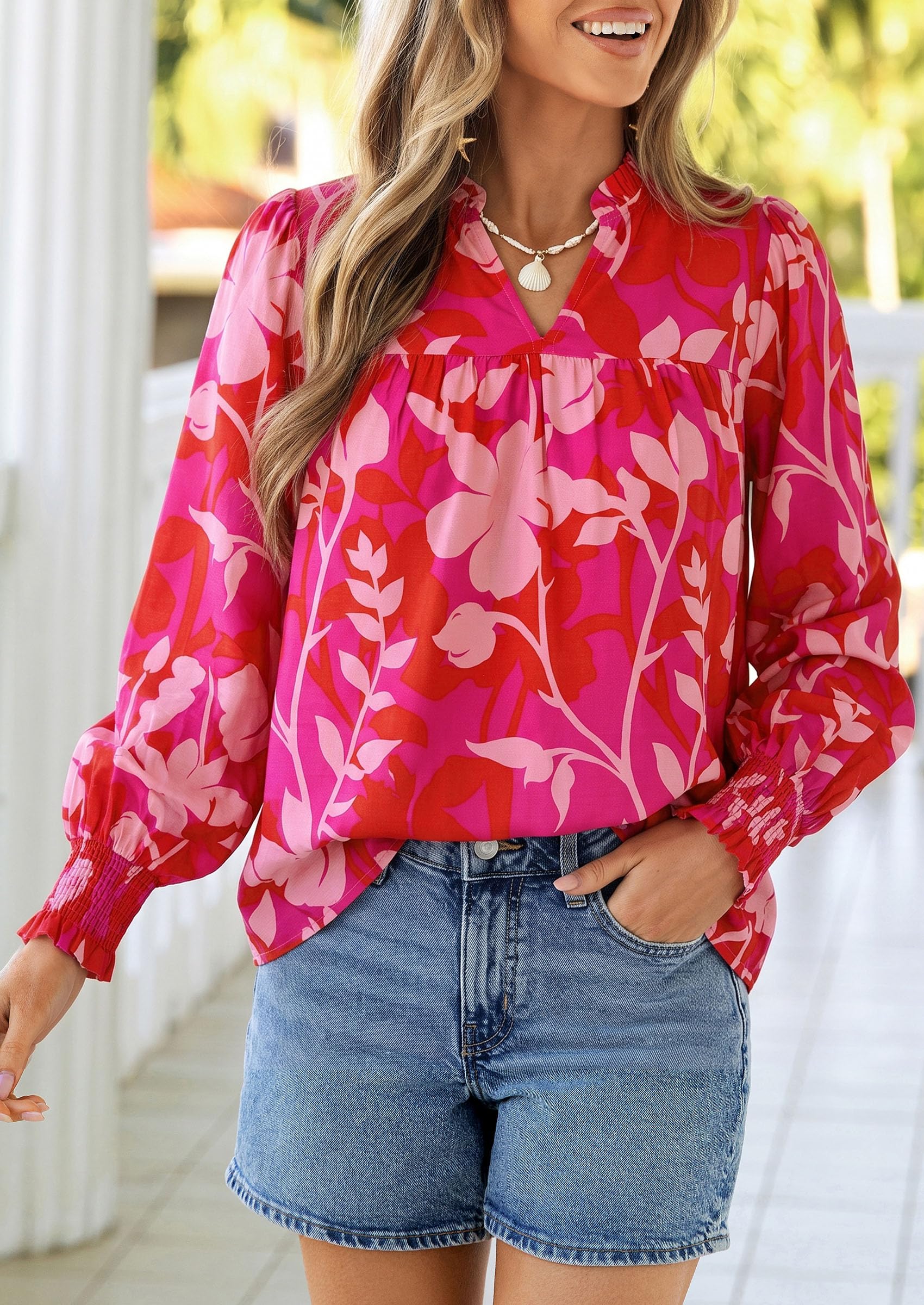 Women's Boho Floral Blouses Dressy Casual Rose Red,S