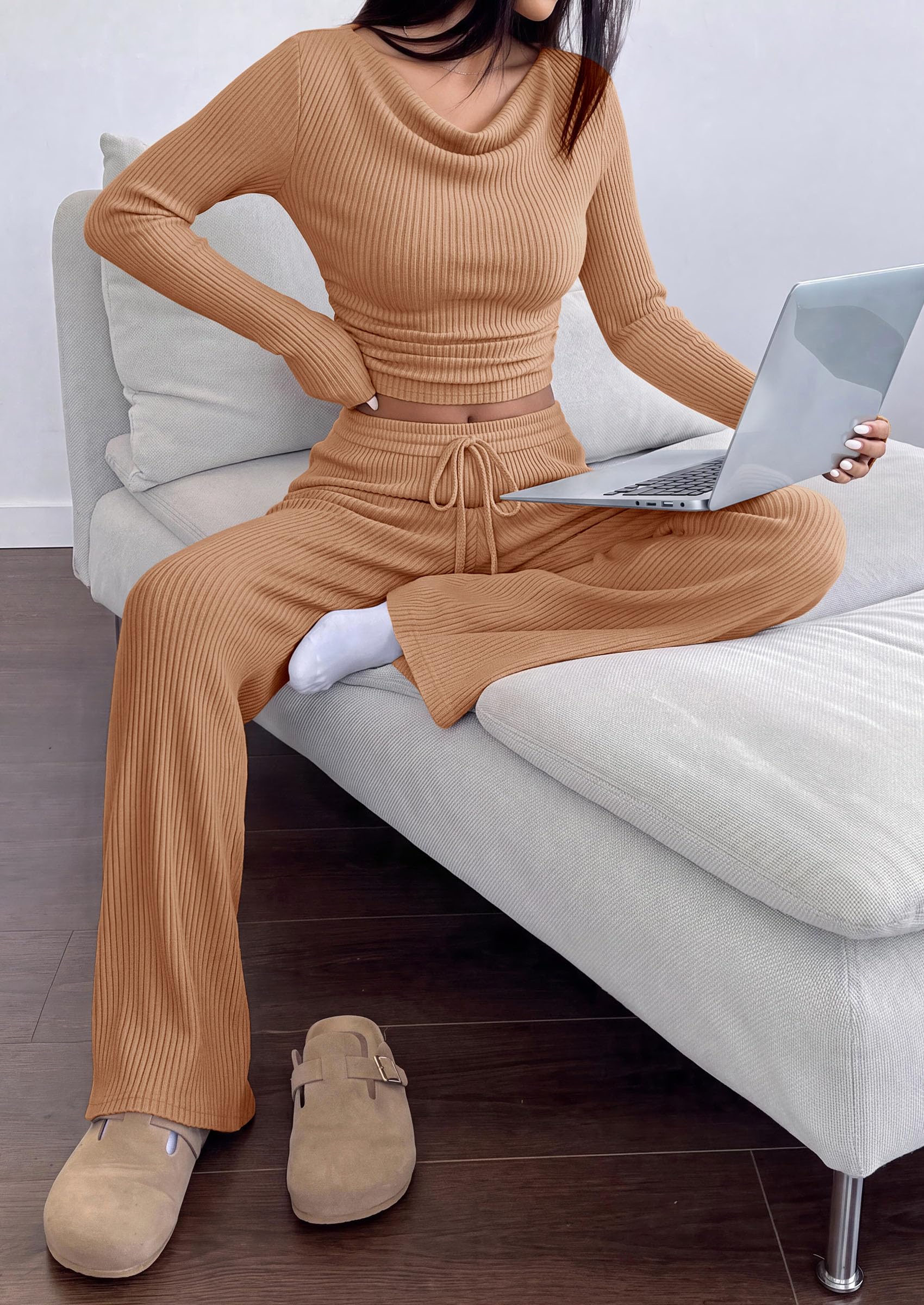 Matching Sets Women Clothing Fall Ribbed 2 Piece Lounge Set