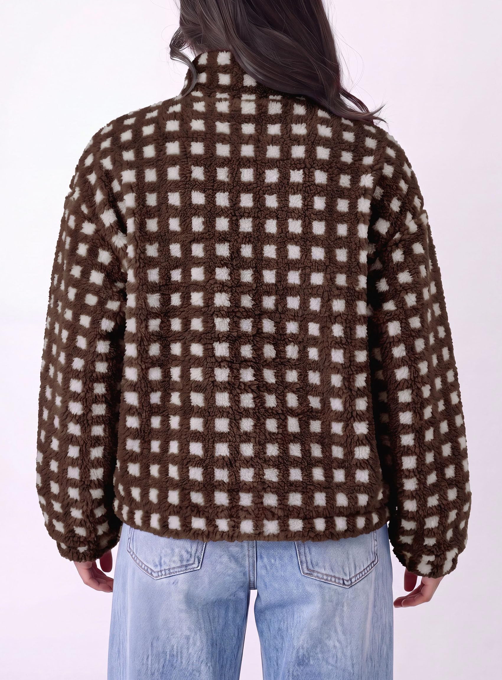 Women's Gingham Sherpa Fleece Jacket Plaid Cropped Teddy Coat