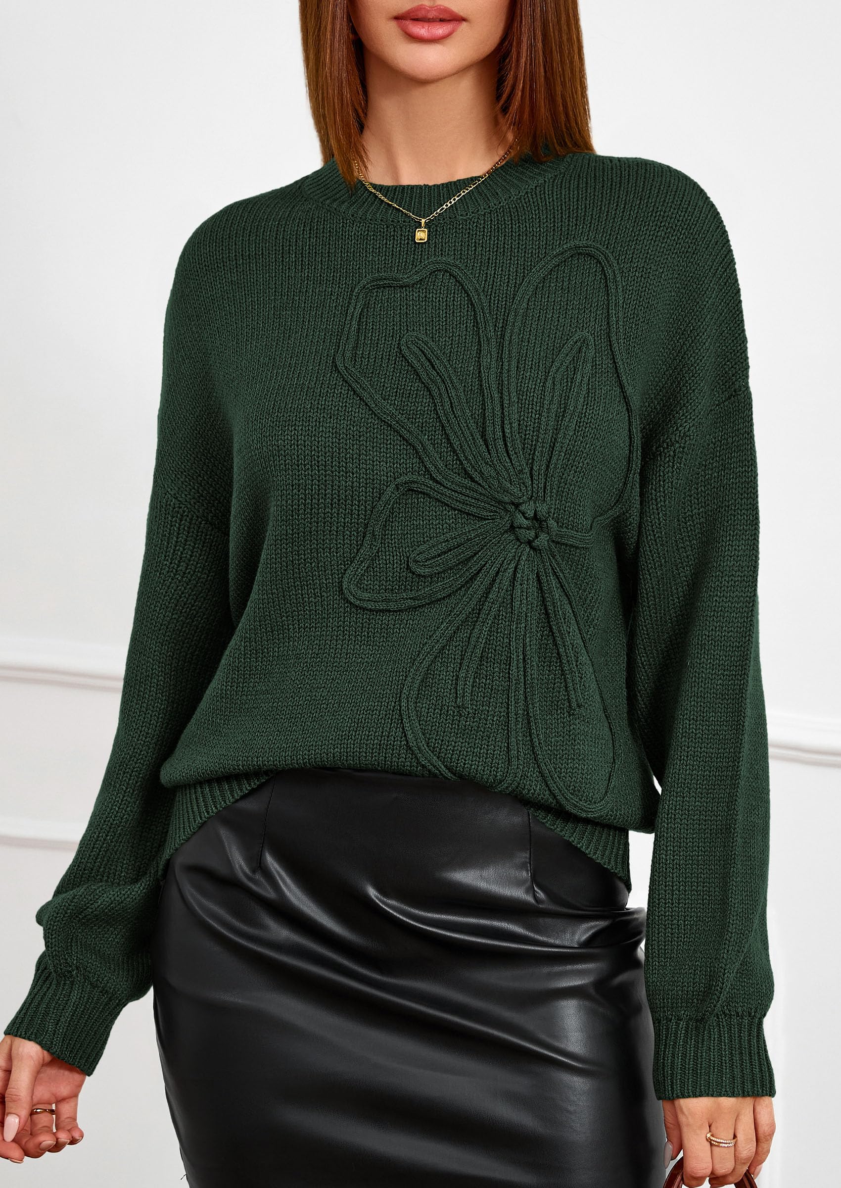 Women's Oversized 3D Floral Knit Sweater,Dark Green,S