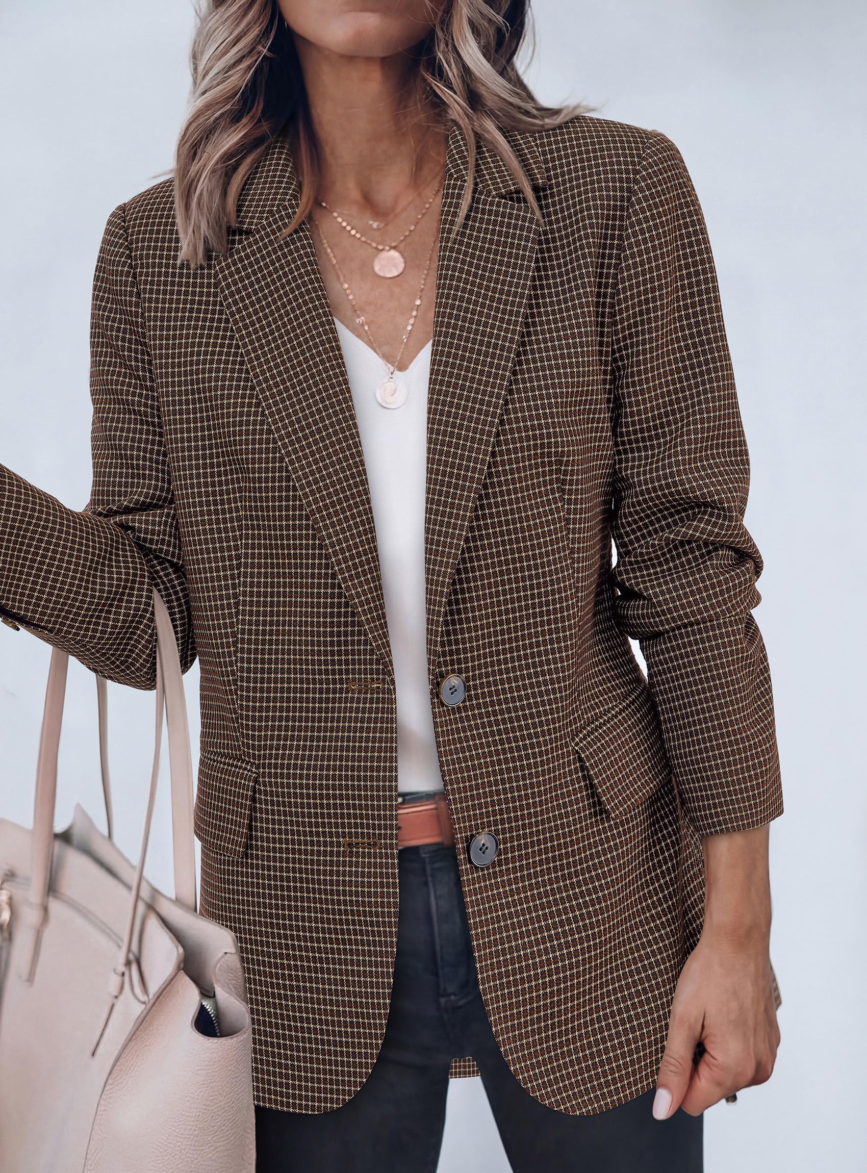 Fall Plaid Blazers for Women Business Casual Brown M