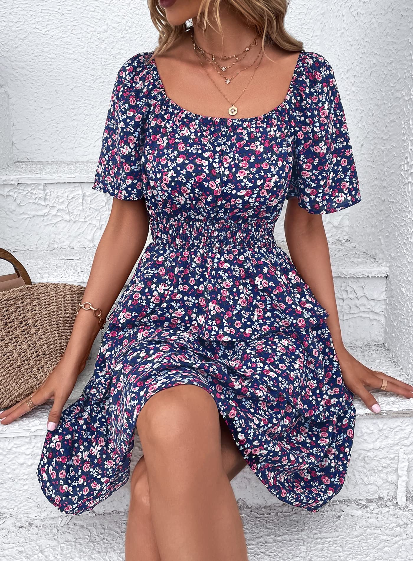 Women's Summer Floral Ruffle Short Dress Blue Purple Floral,S