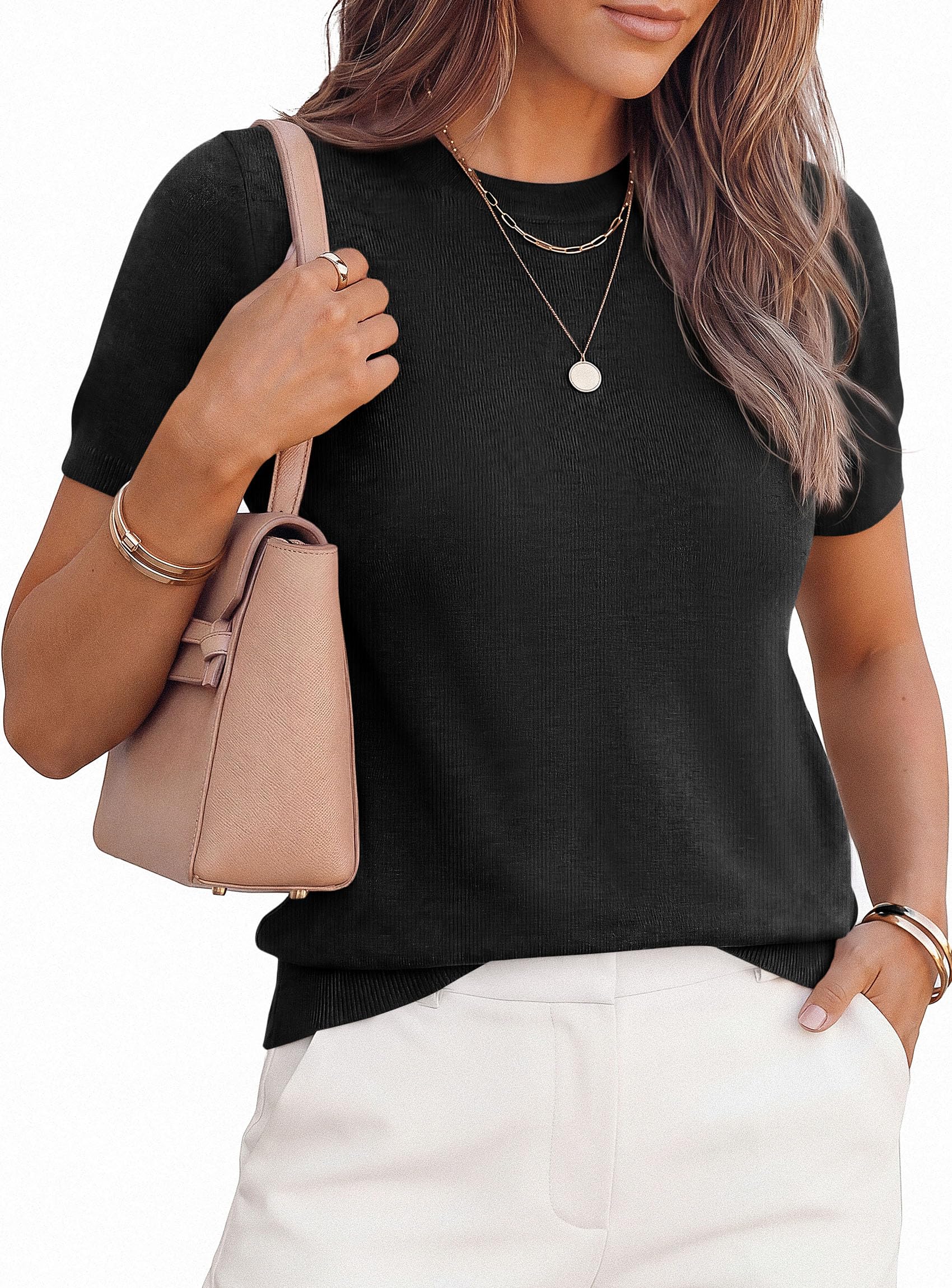 Women's Short Sleeve Sweaters Summer Tops,Black,S