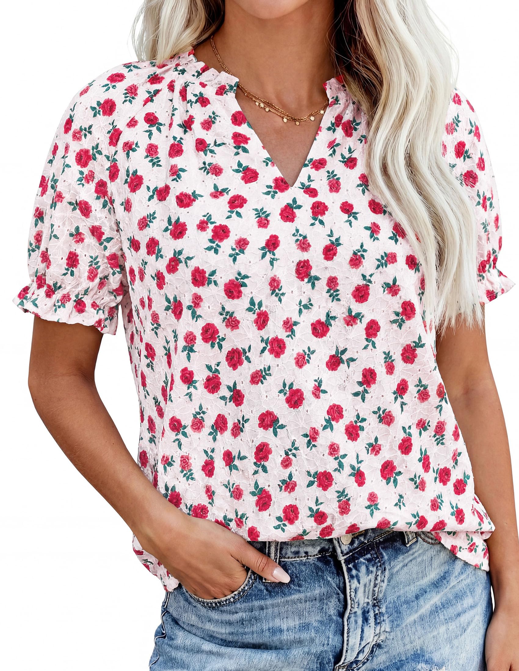 Womens Floral Short Sleeve Blouses,S Rose,S