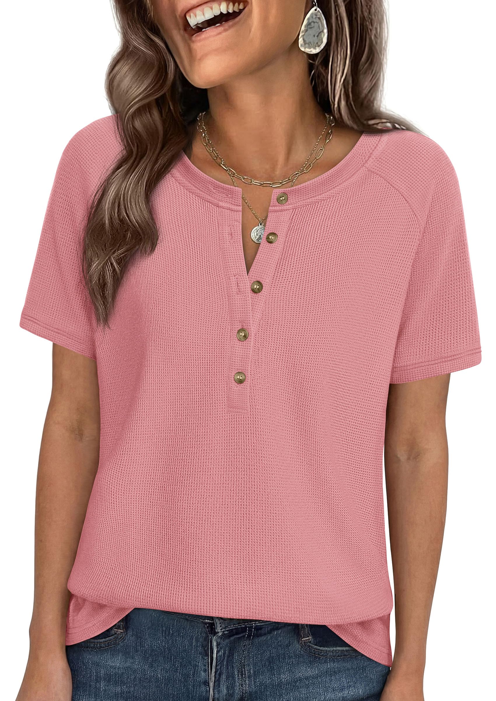 Women's Short Sleeve Waffle Knit Henley Shirts, Pink,S