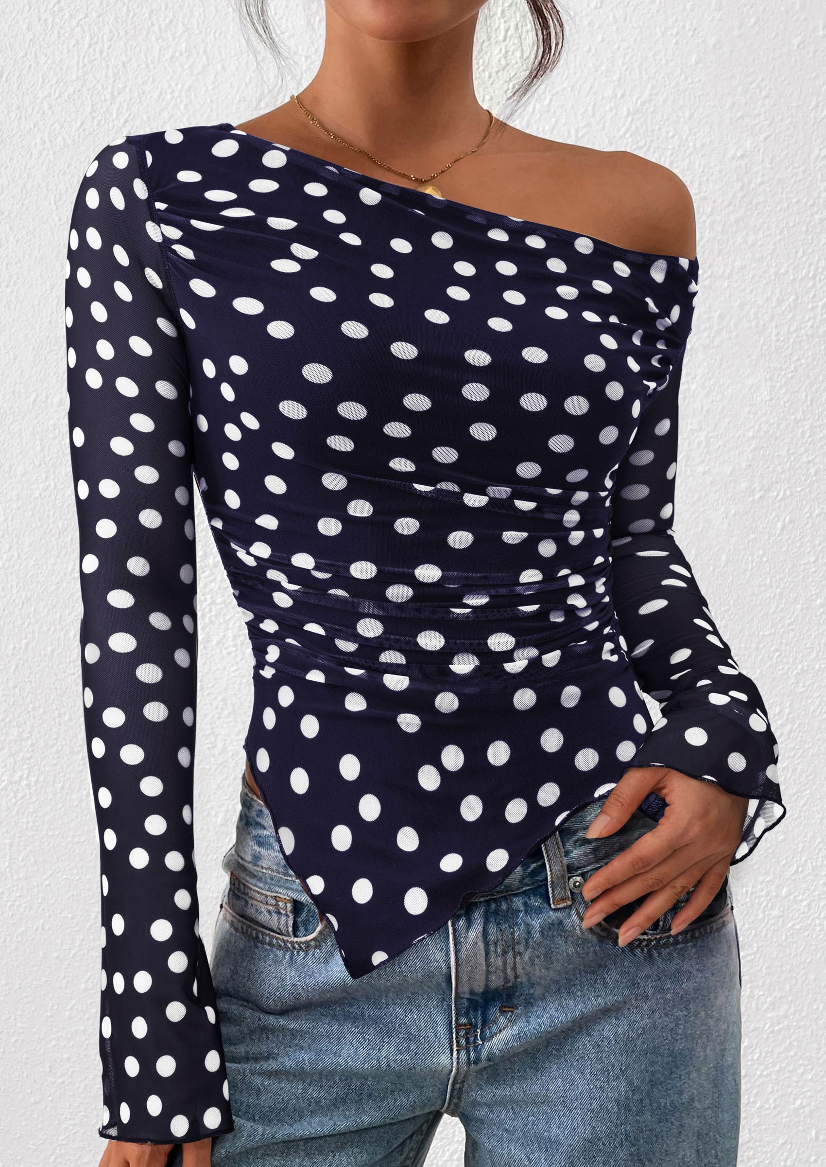 Womens Off Shoulder Mesh Y2k Tops,Dot Navy Blue White,XS