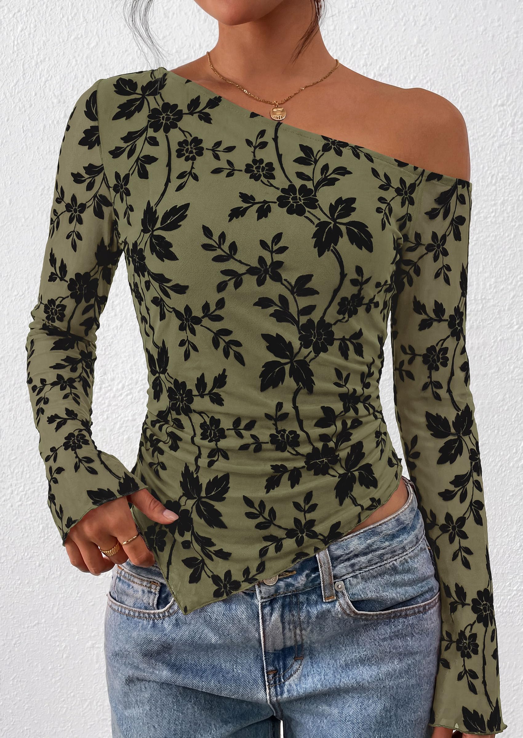 Womens Off Shoulder Mesh Y2k Tops,Army Green,XS